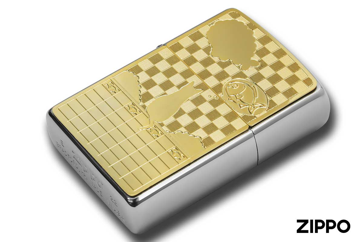 Zippo ジッポー 200 Metal Gold Plate 真鍮板メタル ゴールドプレート 2MP-ネコと雲 GP メール便可