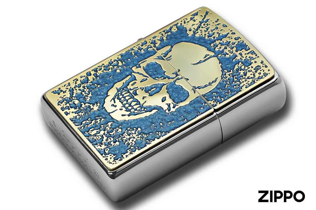 Zippo ジッポー 200 Metal Paint Plate 真鍮板ペイントメタル ゴールドプレート 2MPP-Skull BL GP メール便可