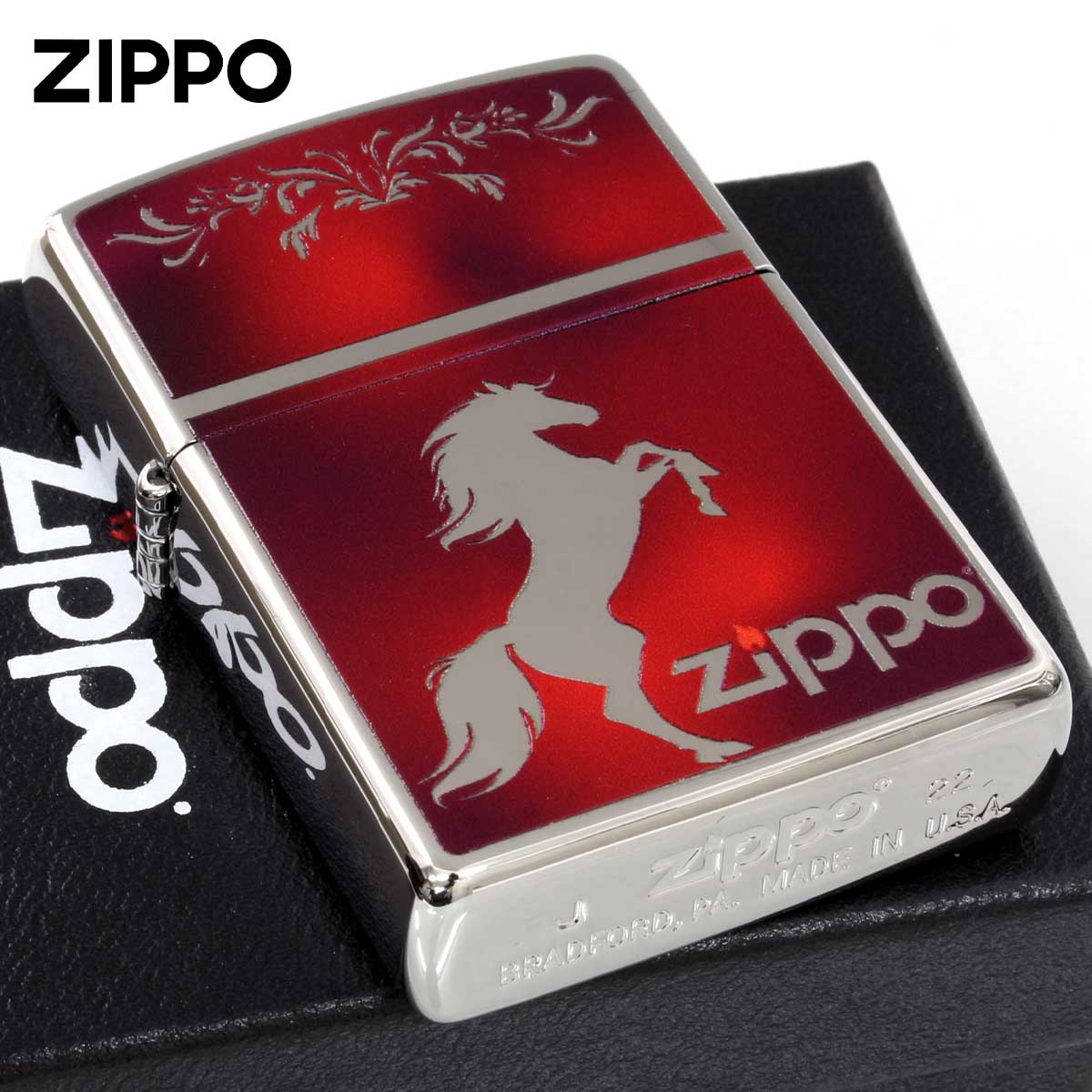 Zippo ジッポー #200 馬 ホースデザイン シルエット レッド TiSV_HOSE-MRD