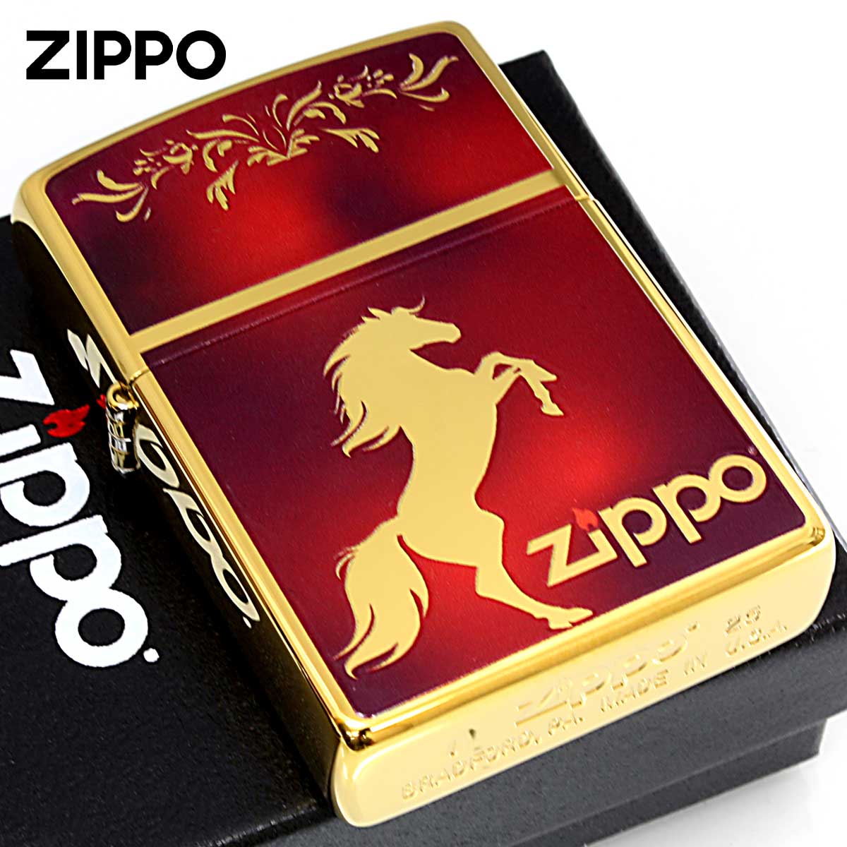 Zippo ジッポー #200 馬 ホースデザイン シルエット 金チタン レッドマーブル TiGD-HOSE-MRD