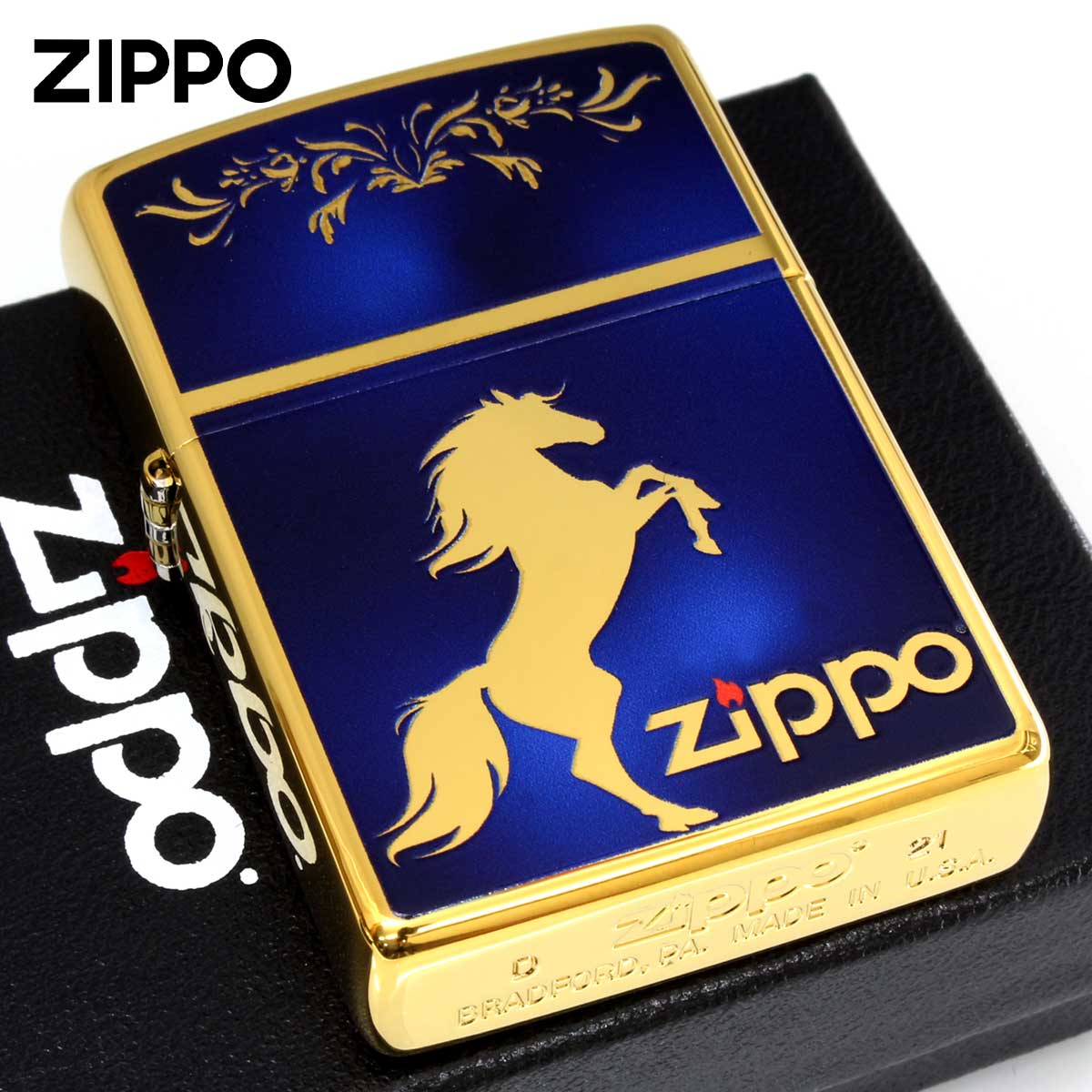 Zippo ジッポー #200 馬 ホースデザイン シルエット 金チタン ブルーマーブル TiGD-HOSE-MBL