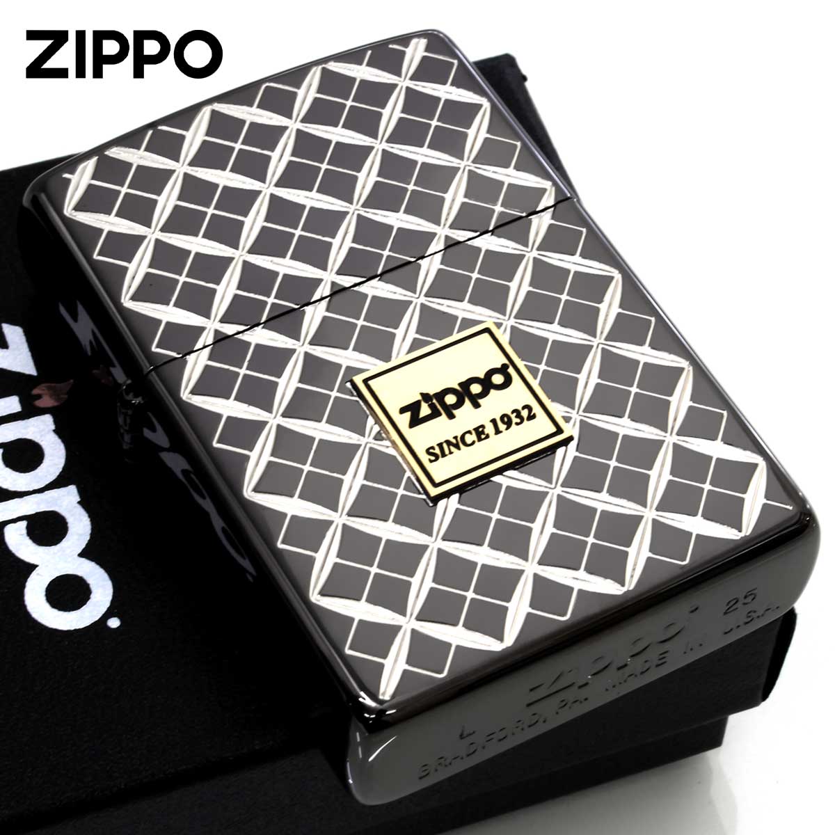 Zippo ジッポー #200B 切子柄 七宝 吉祥文様 ZIPPO LOGO エンブレム貼り ブラック 7HEM_BN