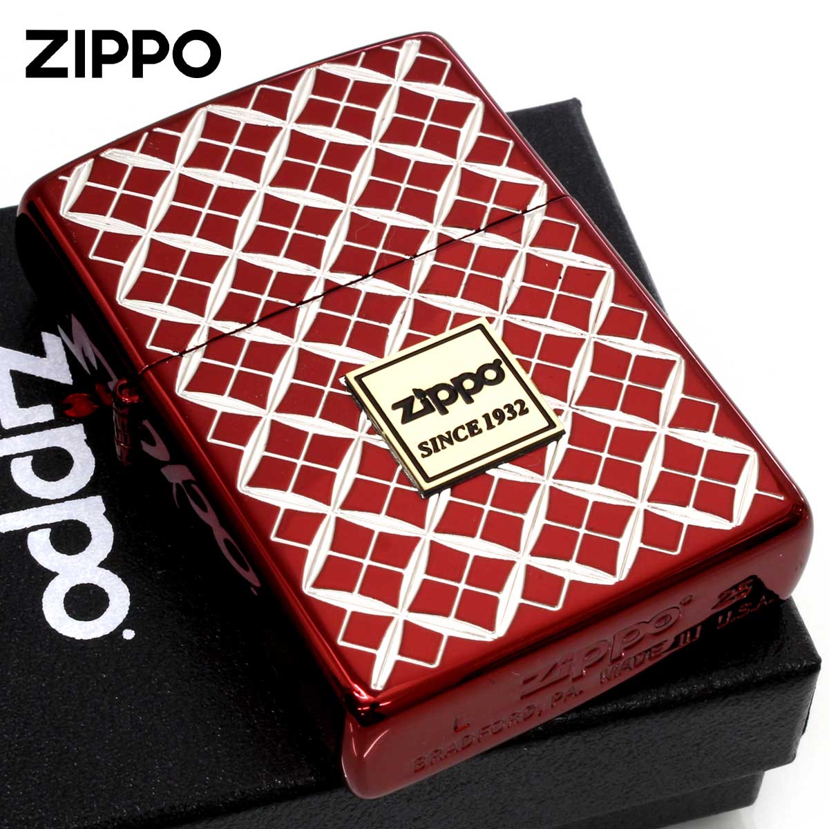 Zippo ジッポー #200B 切子柄 七宝 吉祥文様 ZIPPO LOGO エンブレム貼り レッド 7HEM_IRD