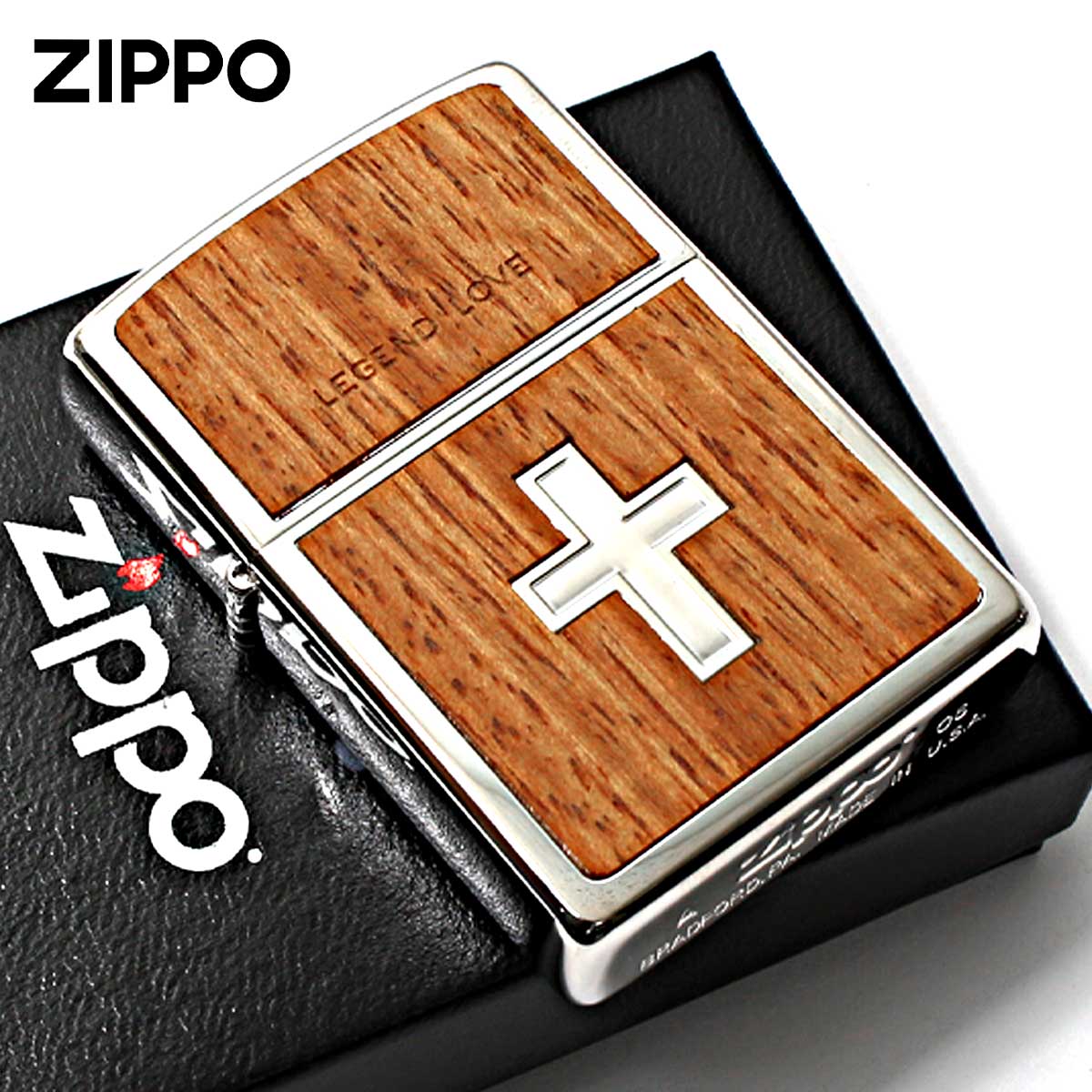 Zippo ジッポー 木貼り ウッド レジェンド ラブ クロス 十字架 Wood Plate Cross LEGEND LOVE LL-C メール便可