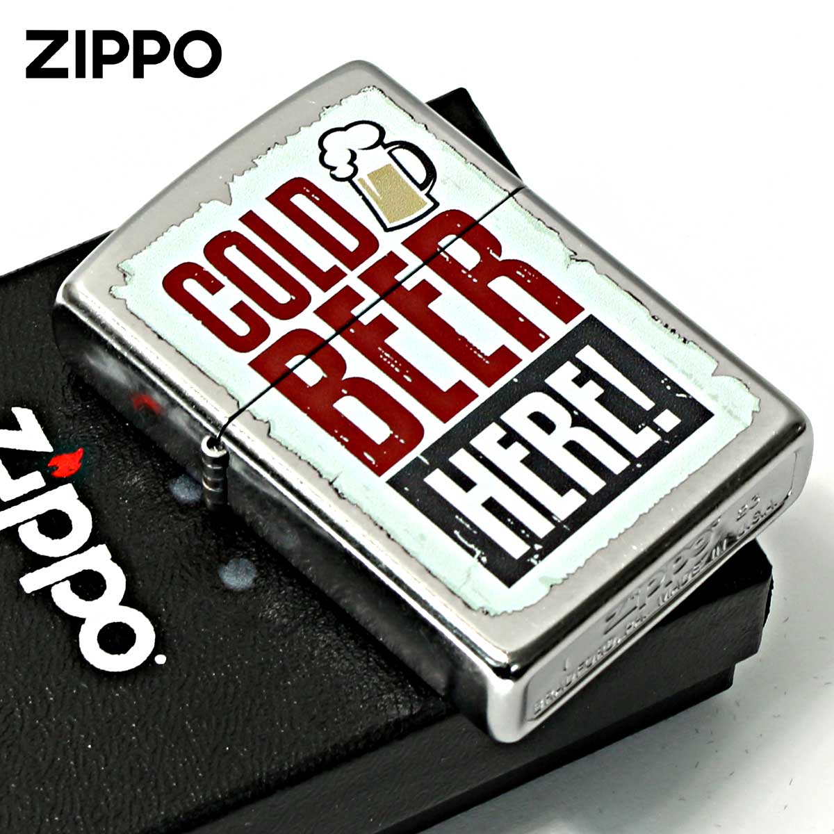 Zippo ジッポー 冷たいビールはこちら 酒 ビール プリント加工 COLD BEER HERE ＃207 Emboss printing  EP-KE メール便可