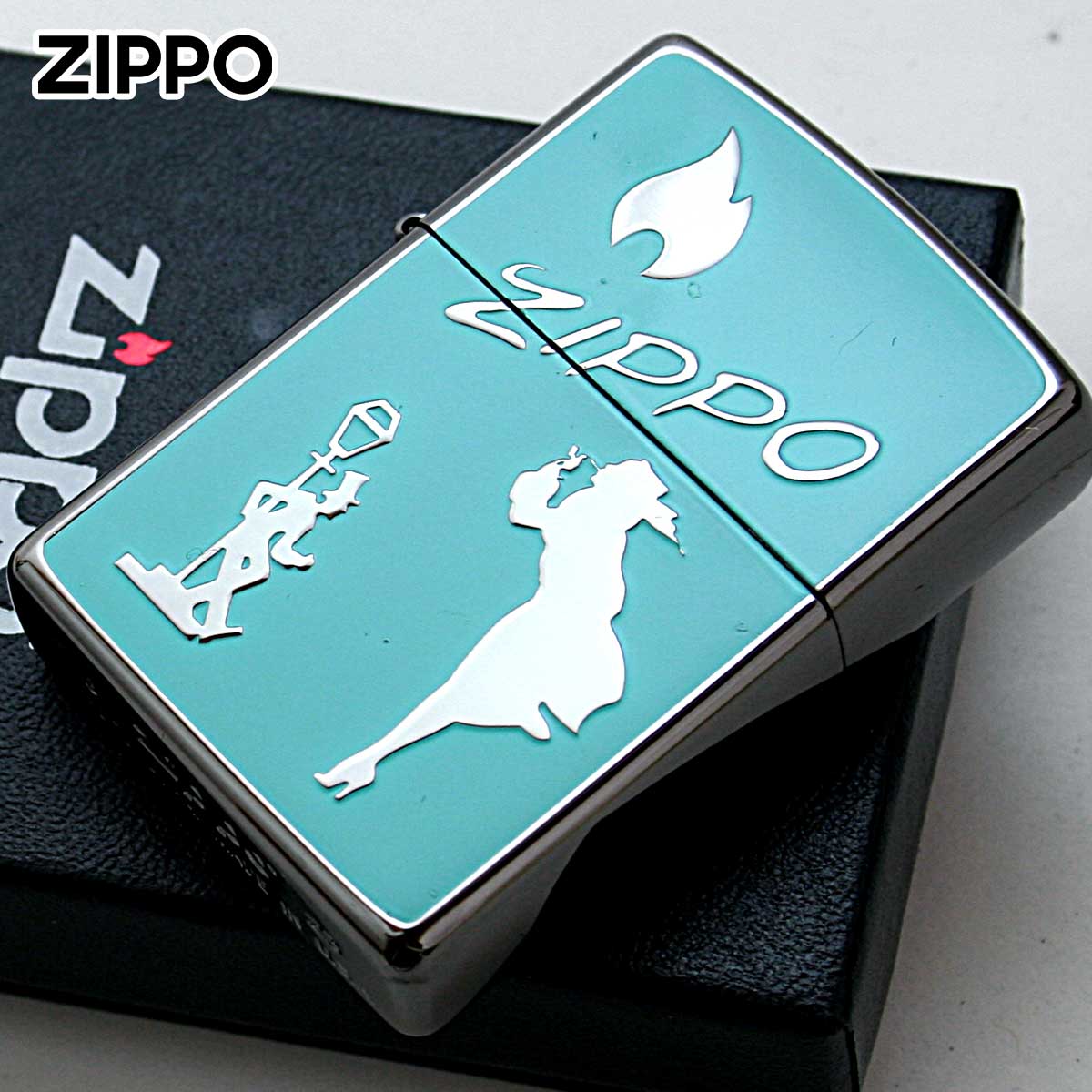 Zippo ジッポー ウインディ ドランク 炎 アイコンフレーム クラッシックロゴ ブラック ターコイズ Classic Logos BK TBL 1201S853 メール便可