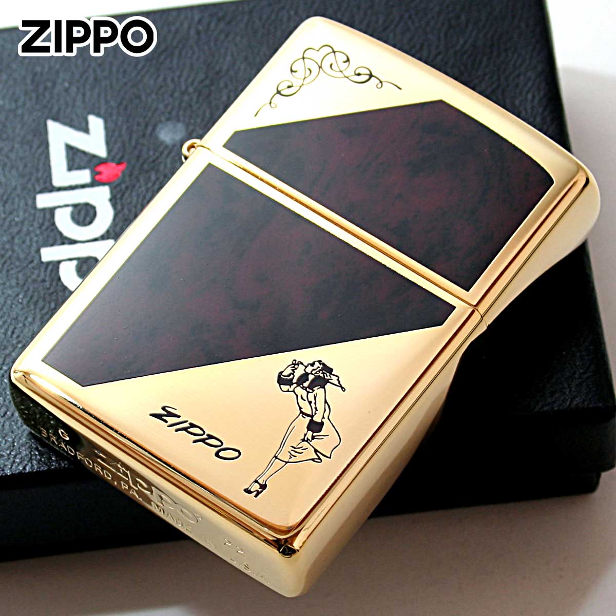 Zippo ジッポー ウインディ ガール マーブル 大理石調 アラベスク 唐草 ゴールド ブラウン ゴールドタンク 1201S813 メール便可