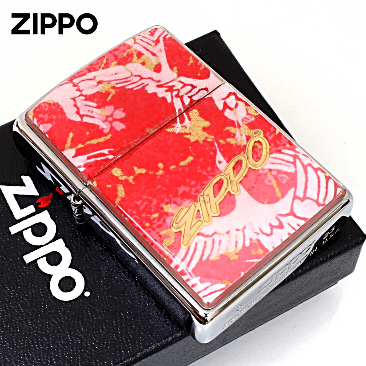 Zippo ジッポー 友禅和紙 伝統 和柄 ジッポ ロゴ 鶴 赤 1201S911 メール便可
