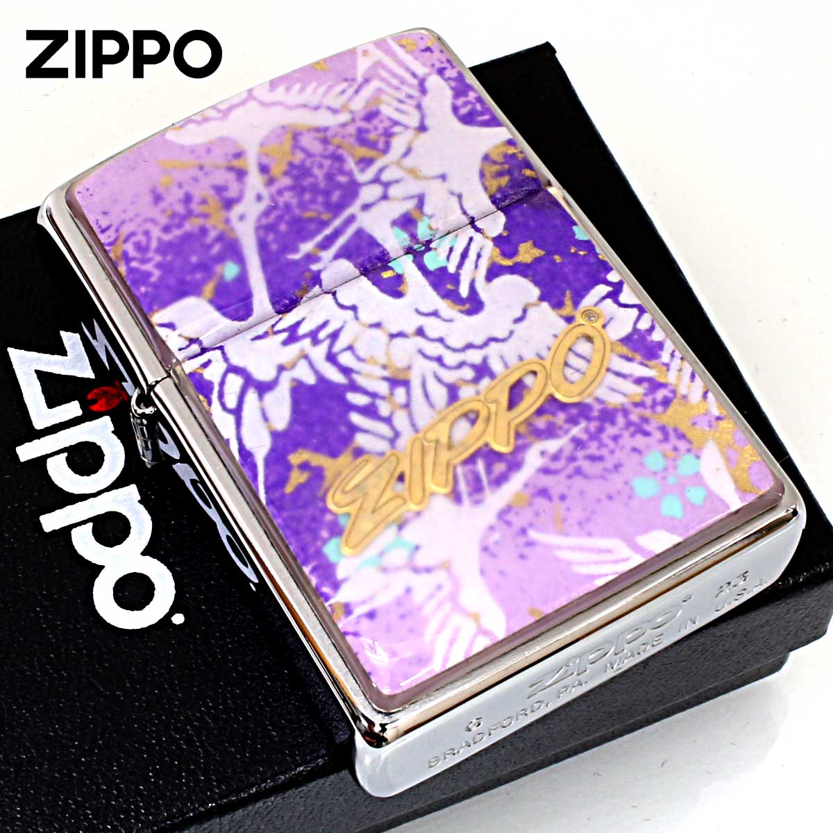 Zippo ジッポー 友禅和紙 伝統 和柄 ジッポ ロゴ 鶴 紫 1201S912 メール便可