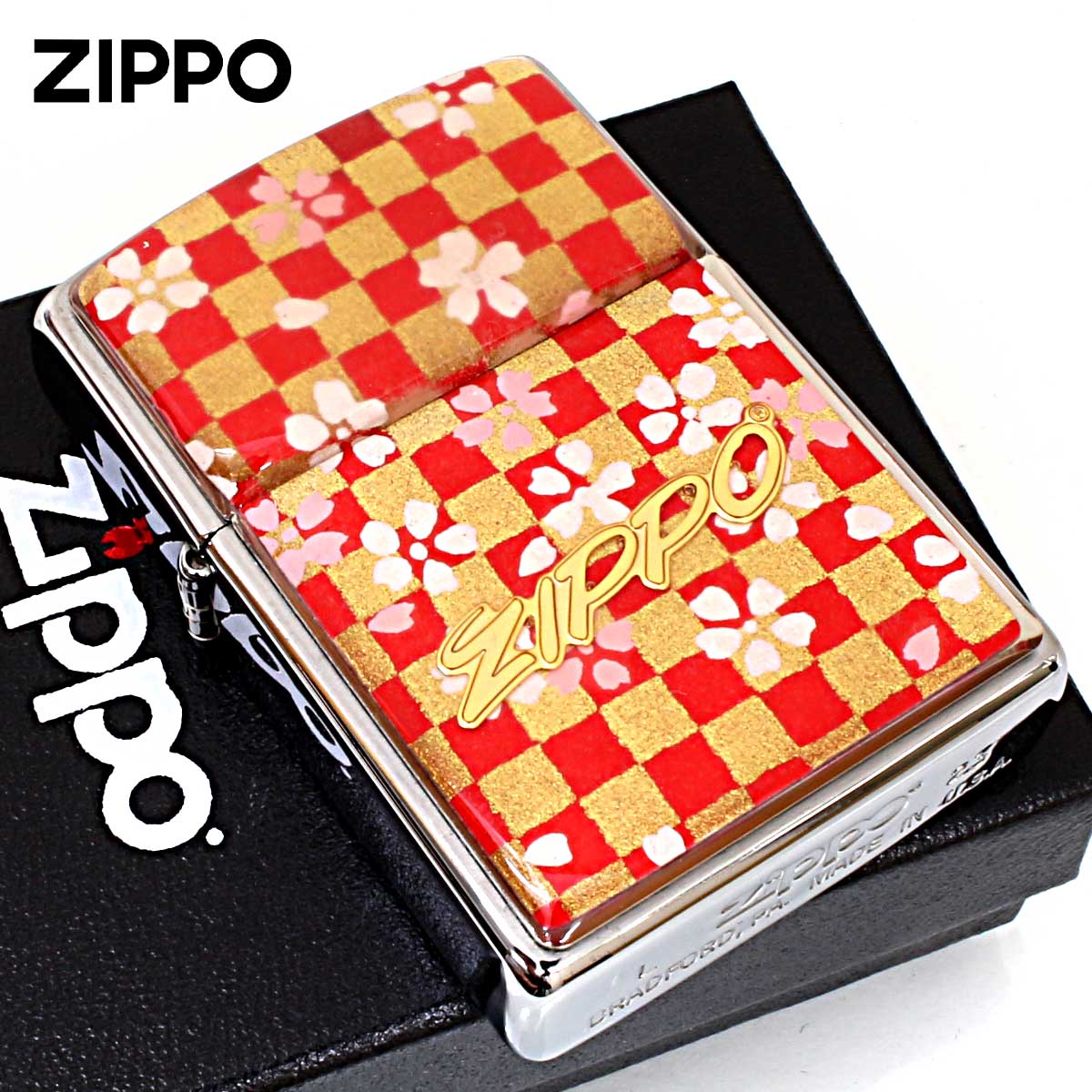 Zippo ジッポー 友禅和紙 伝統 和柄 ジッポ ロゴ 市松模様 桜 赤 1201S913 メール便可