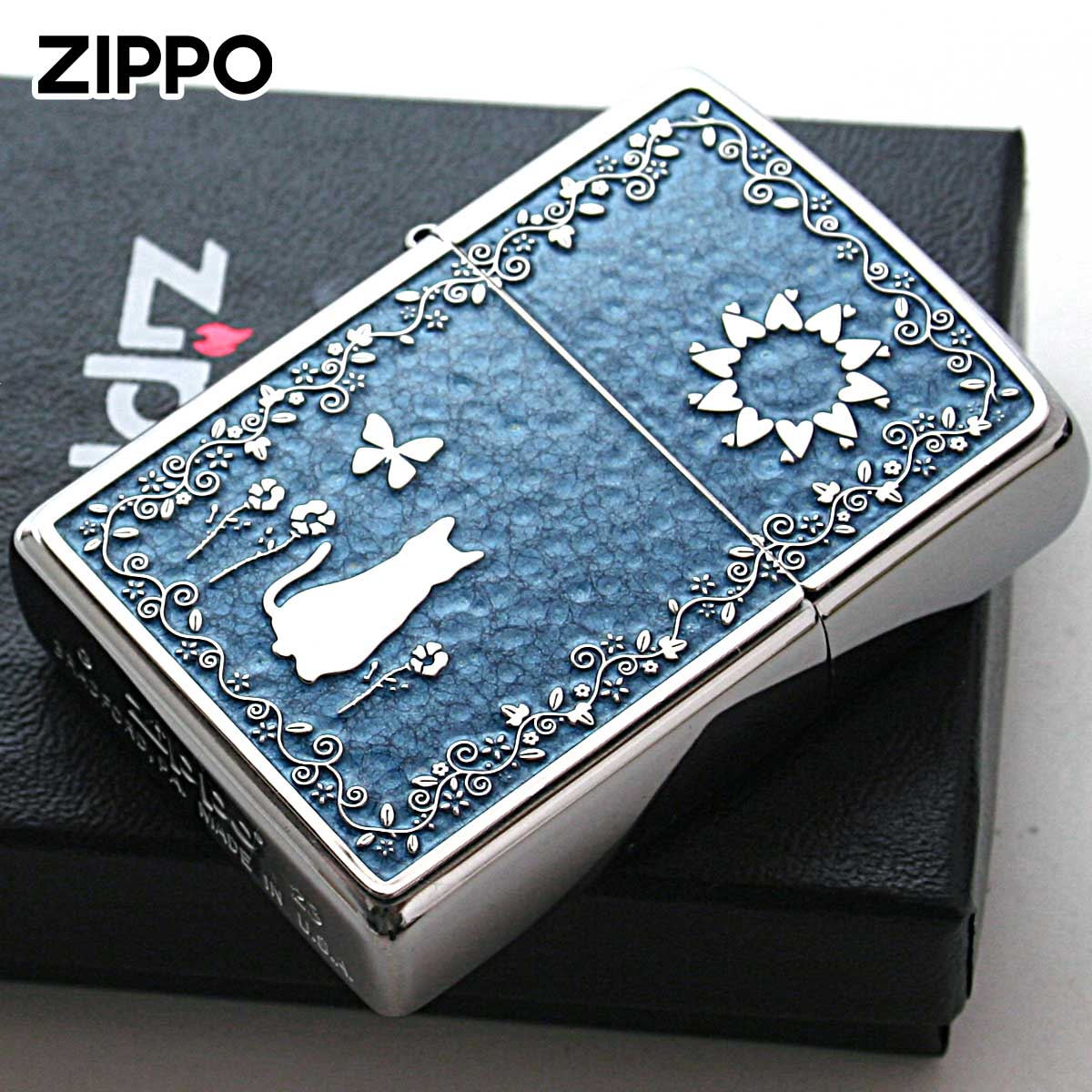 Zippo ジッポー ネコ 猫 Cat ブルー ＃200 メタルプレート 両面加工 ニッケルメッキ 2MPP-Cat BL メール便可