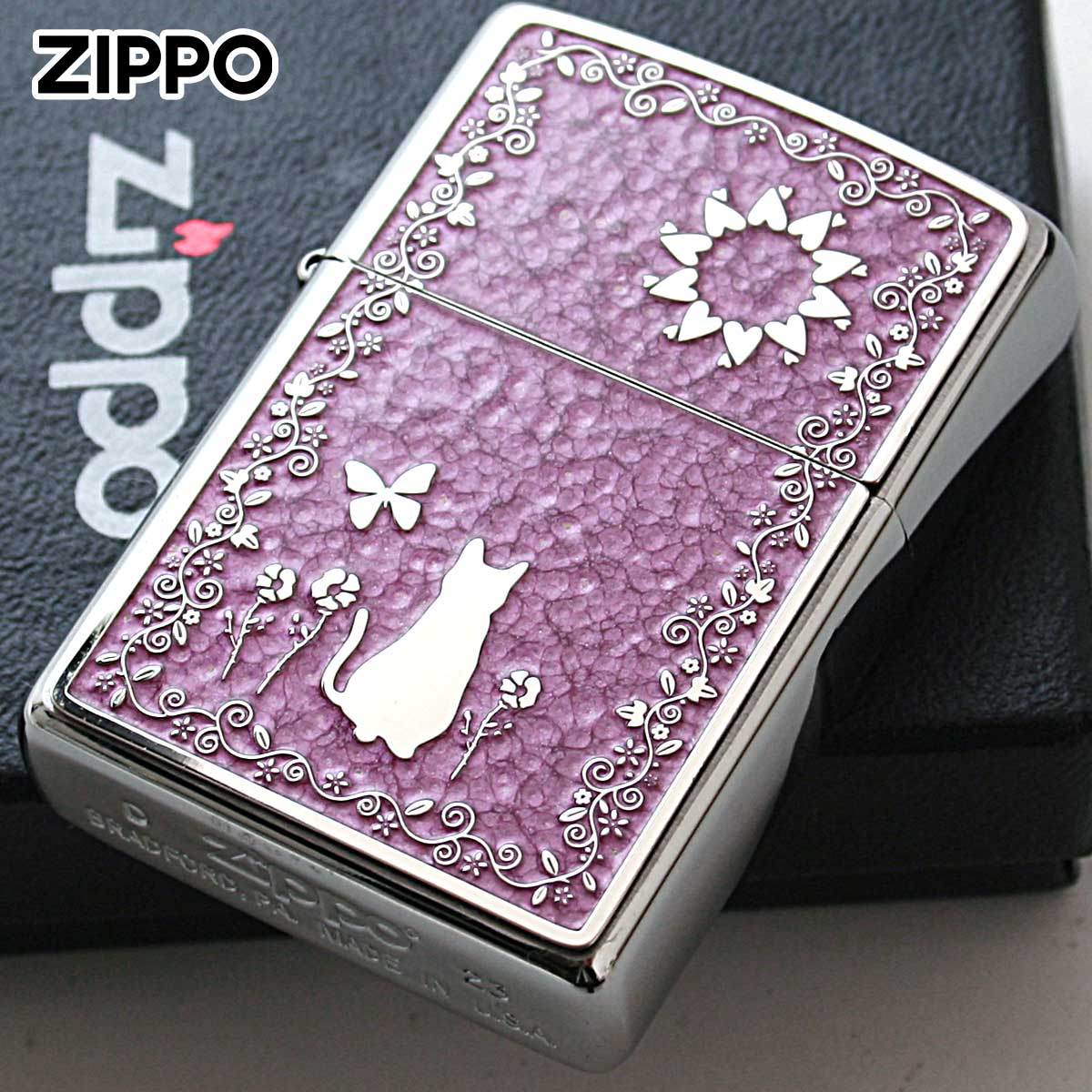 Zippo ジッポー ネコ 猫 Cat ピンク ＃200 メタルプレート 両面加工 ニッケルメッキ 2MPP-Cat PK メール便可