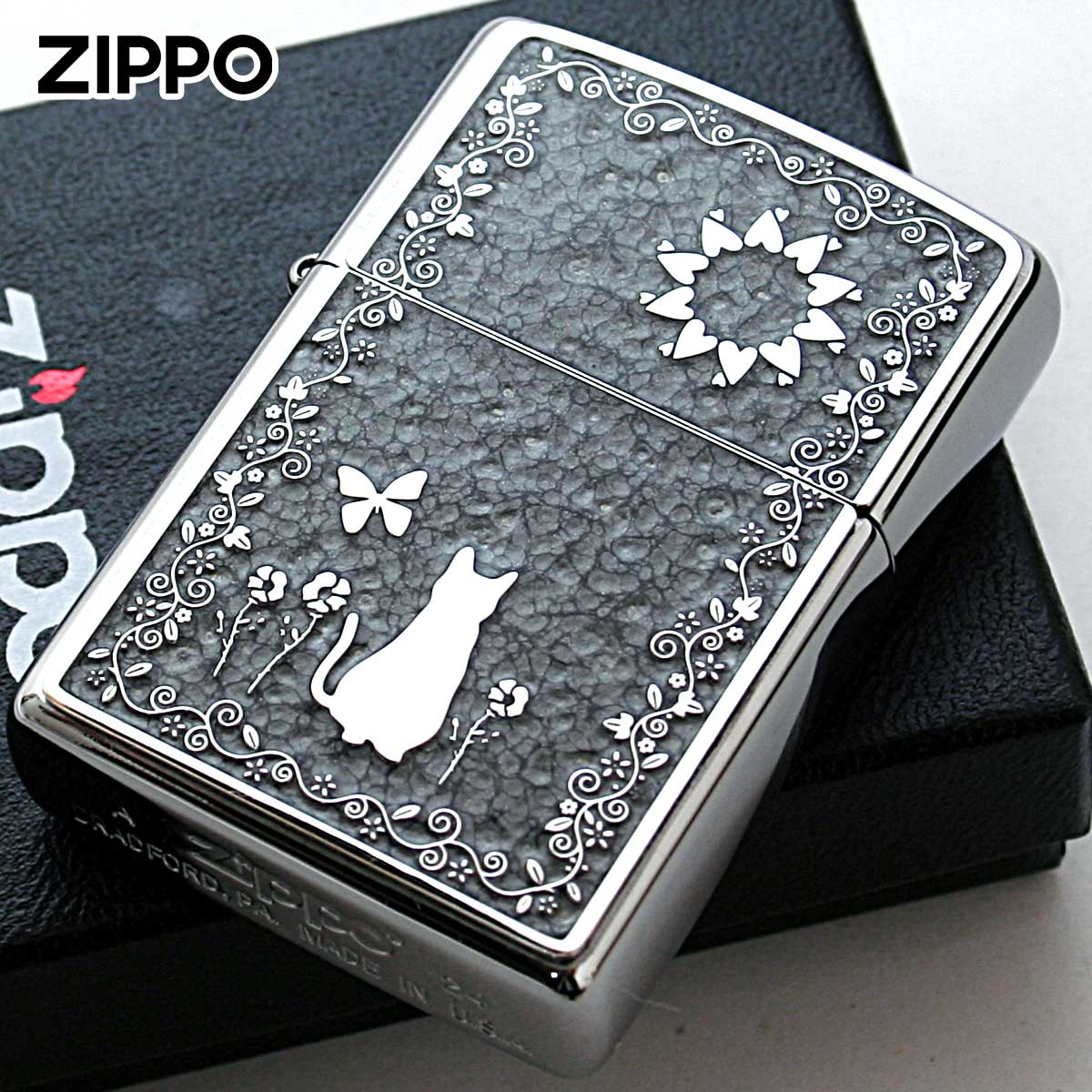 Zippo ジッポー ネコ 猫 Cat グレー ＃200 メタルプレート 両面加工 ニッケルメッキ 2MPP-Cat GY メール便可