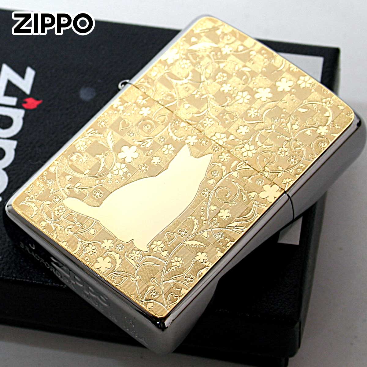 Zippo ジッポー ネコ 猫 Cat 花 ゴールドプレート ＃200 メタル