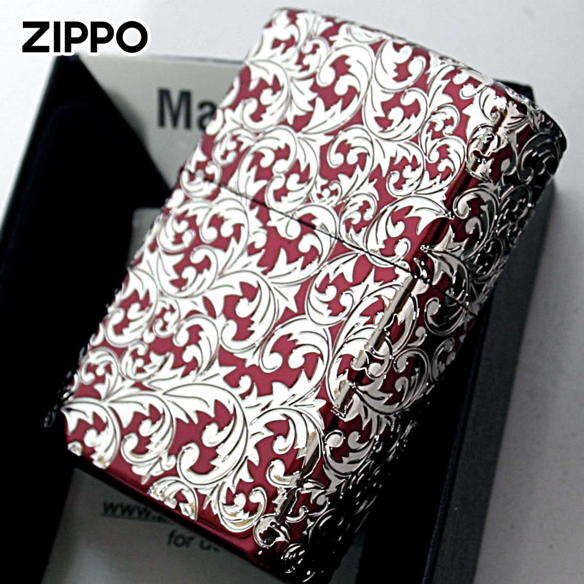 Zippo ジッポー アラベスク 唐草 5面連続加工 イオンレッド ホワイトニッケル インレイ スプレンダー SPLENDOR S RD