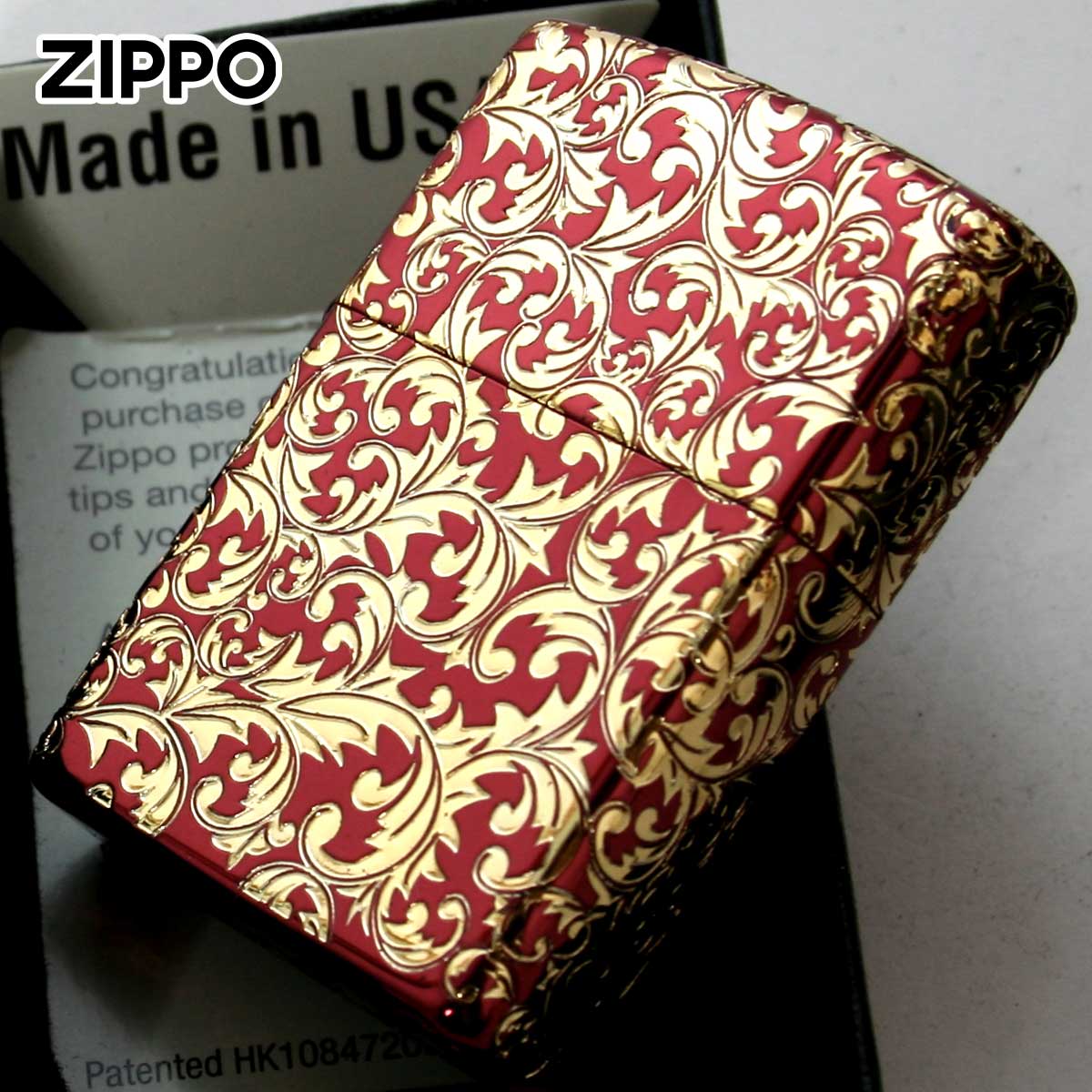 Zippo ジッポー アラベスク 唐草 5面連続加工 イオンレッド ゴールドプレート インレイ スプレンダー SPLENDOR ゴールドタンク G RD