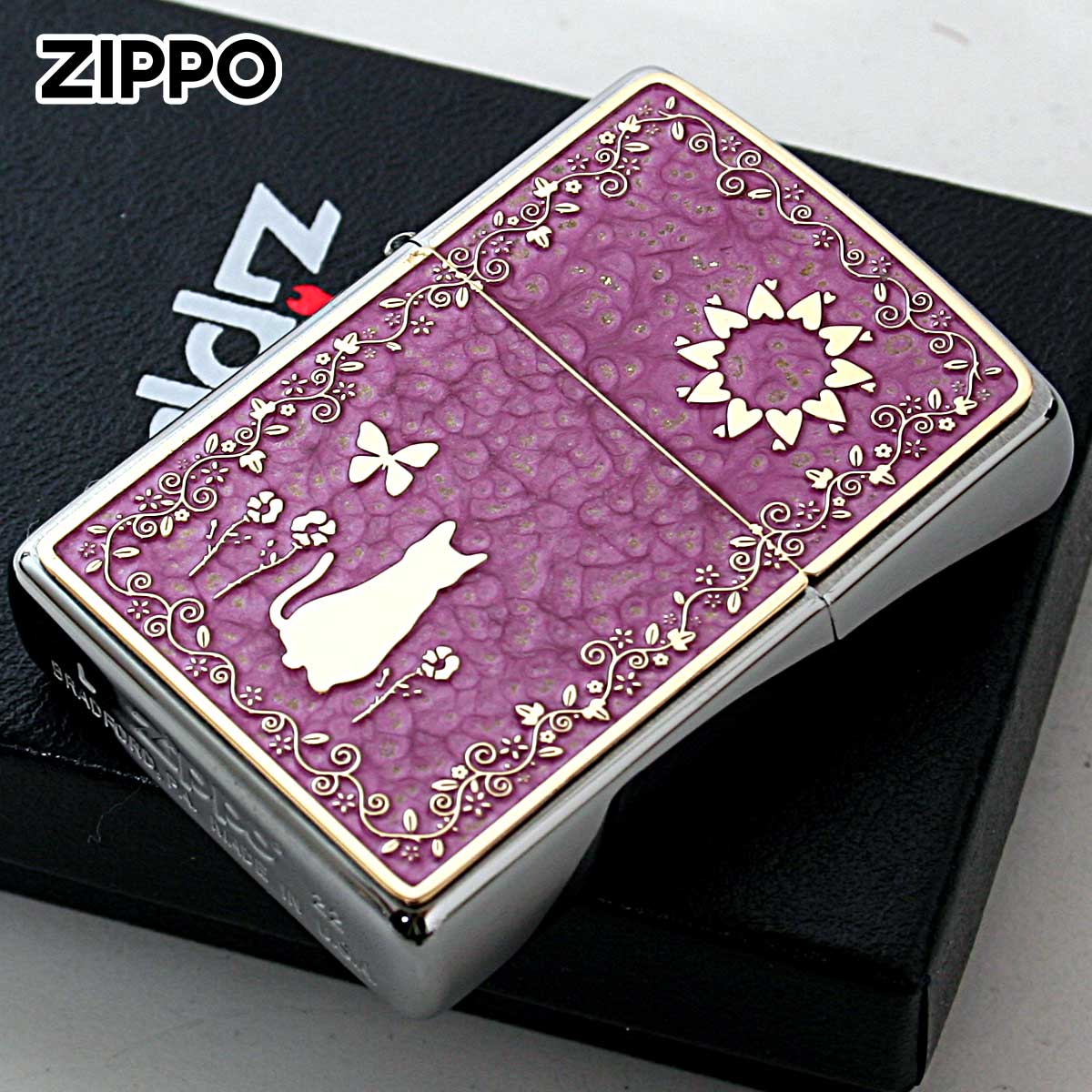 Zippo ジッポー ネコ 猫 Cat ピンク ＃200 ゴールドプレート 両面加工 ニッケルメッキ 2MPP-Cat PK GP メール便可