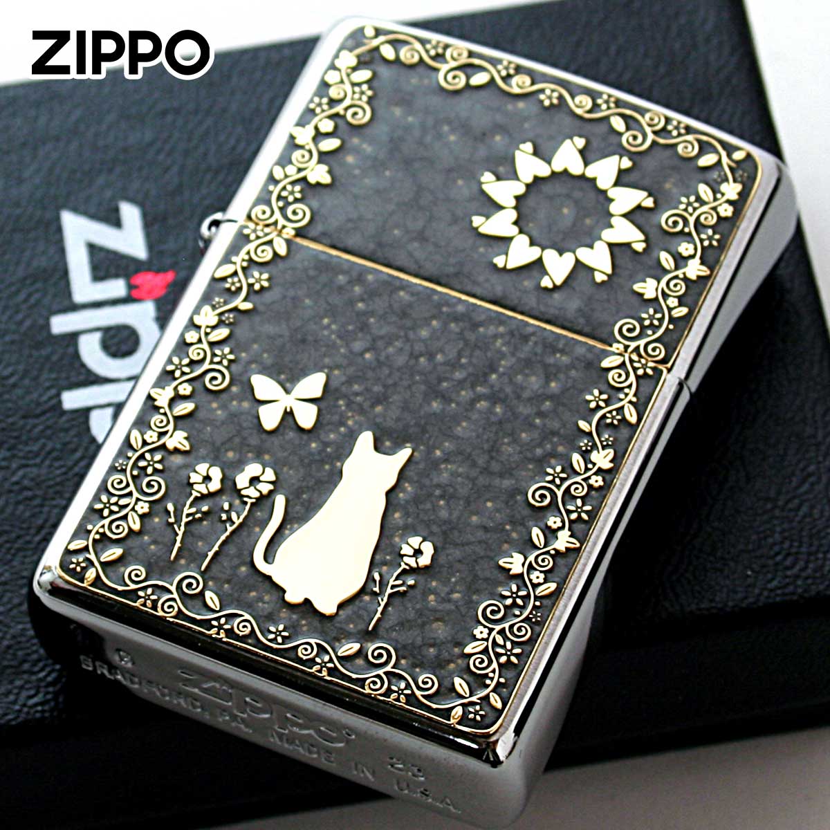 Zippo ジッポー ネコ 猫 Cat グレー ＃200 ゴールドプレート 両面加工 ニッケルメッキ 2MPP-Cat GY GP メール便可