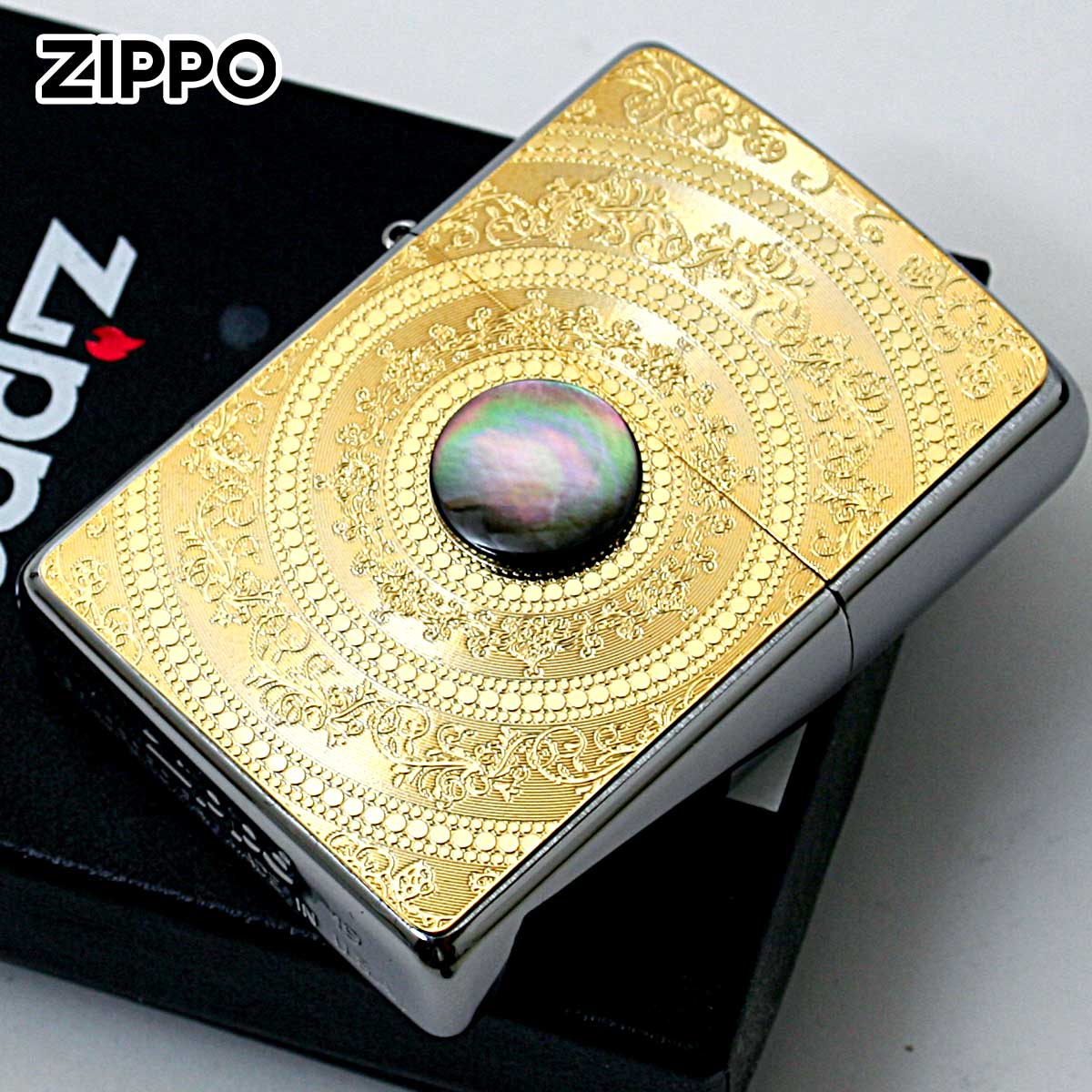 Zippo ジッポー 黒蝶貝 パール Mother of Pearl #200 ゴールドプレート ニッケルメッキ 2MP-MoP BK GP メール便可