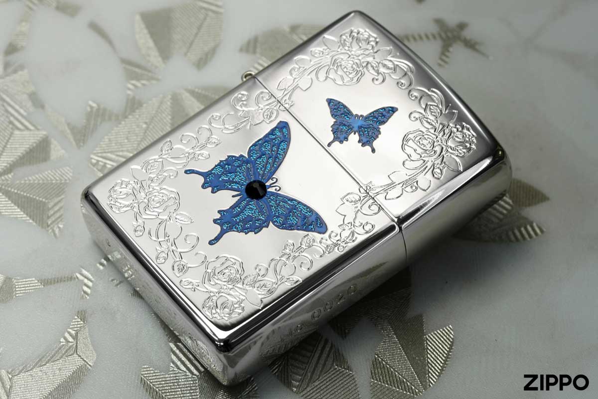 Zippo ジッポー Blue Butterfly WH ブルー バタフライ White Nickel メール便可