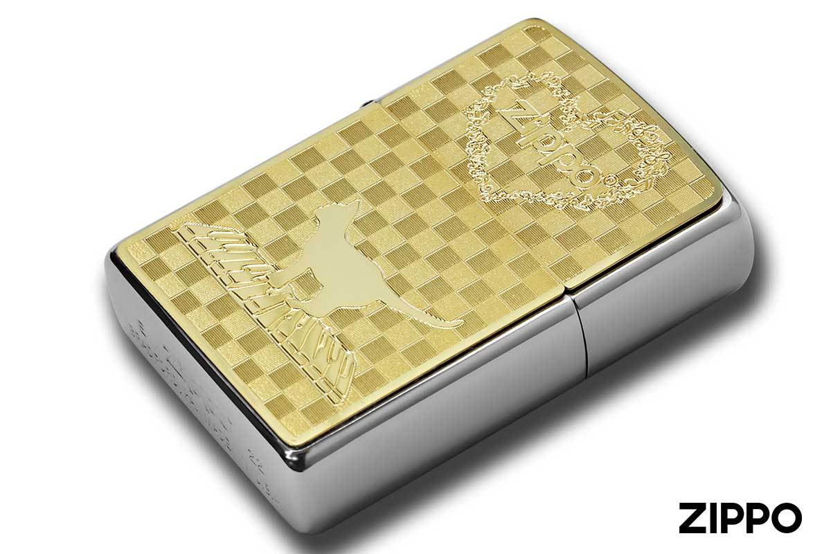 Zippo ジッポー 200 Metal Gold Plate 真鍮板メタル ゴールドプレート 2MP-ネコと音符 GP メール便可