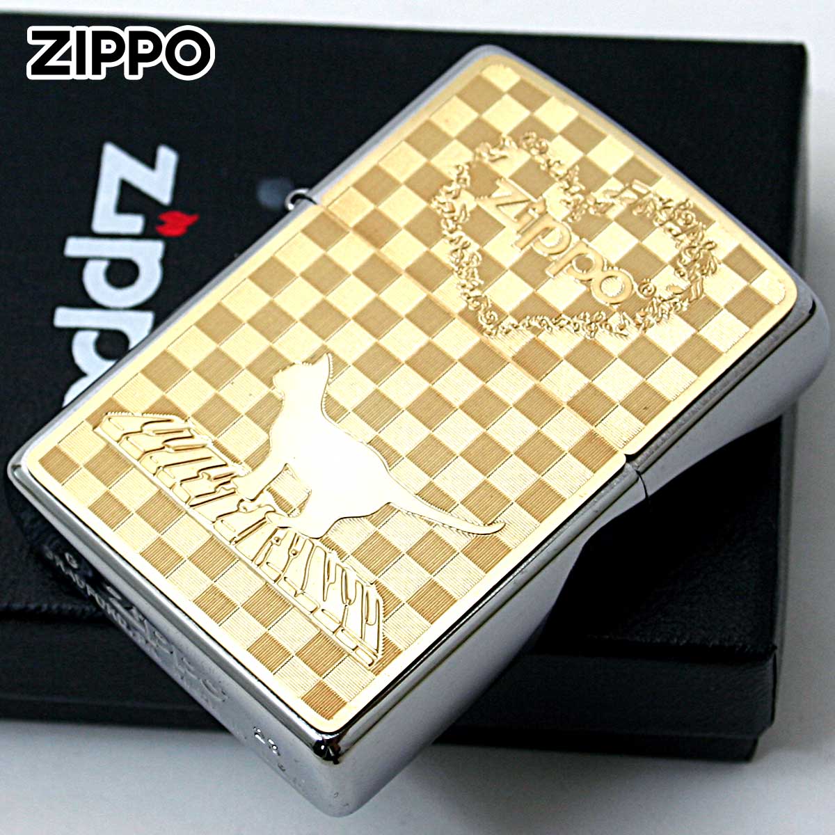 Zippo ジッポー ネコ 猫 Cat 音符 ＃200 ゴールドプレート ニッケルメッキ 2MP-ネコと音符 GP メール便可