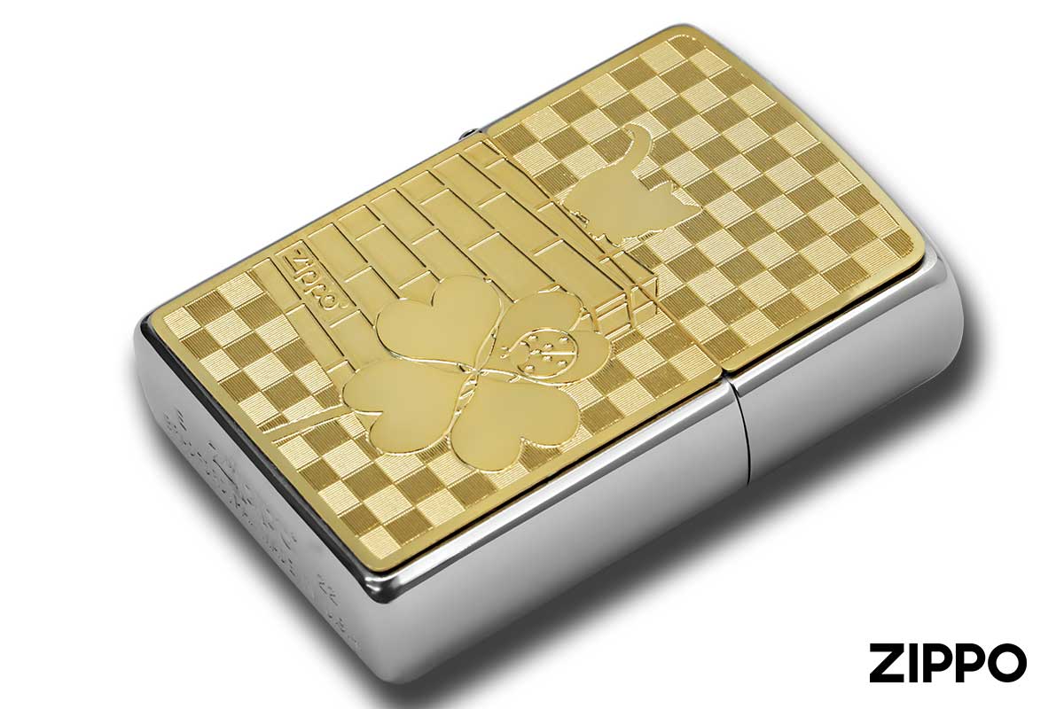 Zippo ジッポー 200 Metal Gold Plate 真鍮板メタル ゴールドプレート 2MP-ネコと天道虫 GP メール便可