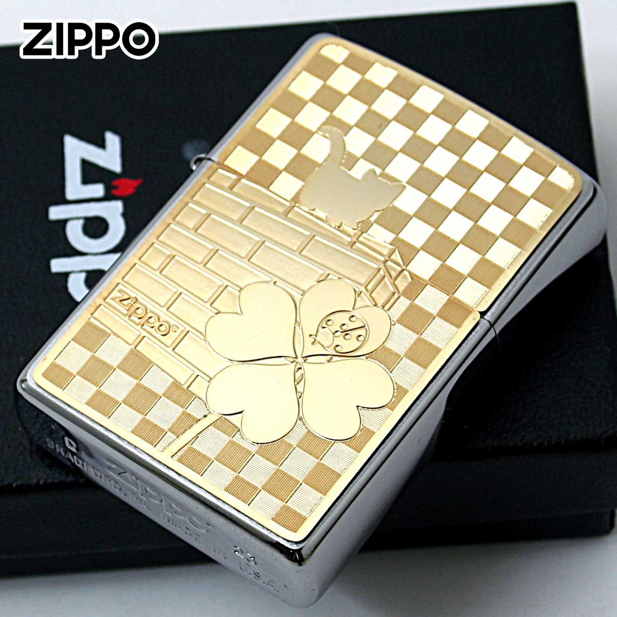 Zippo ジッポー ネコ 猫 Cat 天道虫 ＃200 ゴールドプレート ニッケルメッキ 2MP-ネコと天道虫 GP メール便可