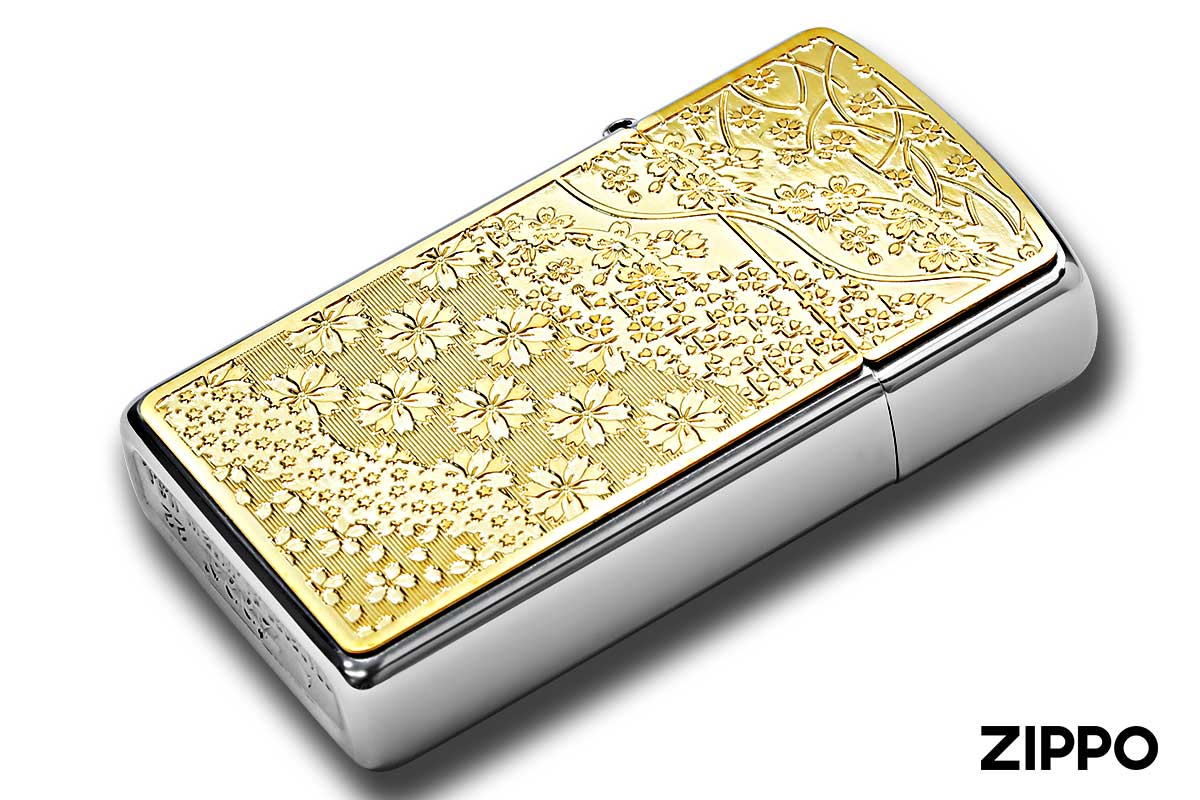 Zippo ジッポー 200 Metal Gold Plate 真鍮板メタル ゴールドプレート スリム 16MP-桜 GP メール便可