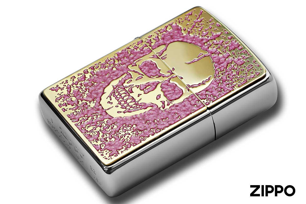 Zippo ジッポー 200 Metal Paint Plate 真鍮板ペイントメタル ゴールドプレート 2MPP-Skull PK GP メール便可