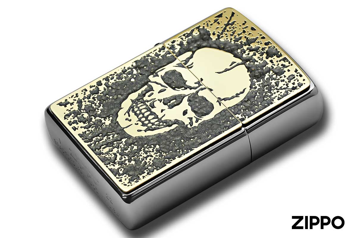 Zippo ジッポー 200 Metal Paint Plate 真鍮板ペイントメタル ゴールドプレート 2MPP-Skull GY GP メール便可