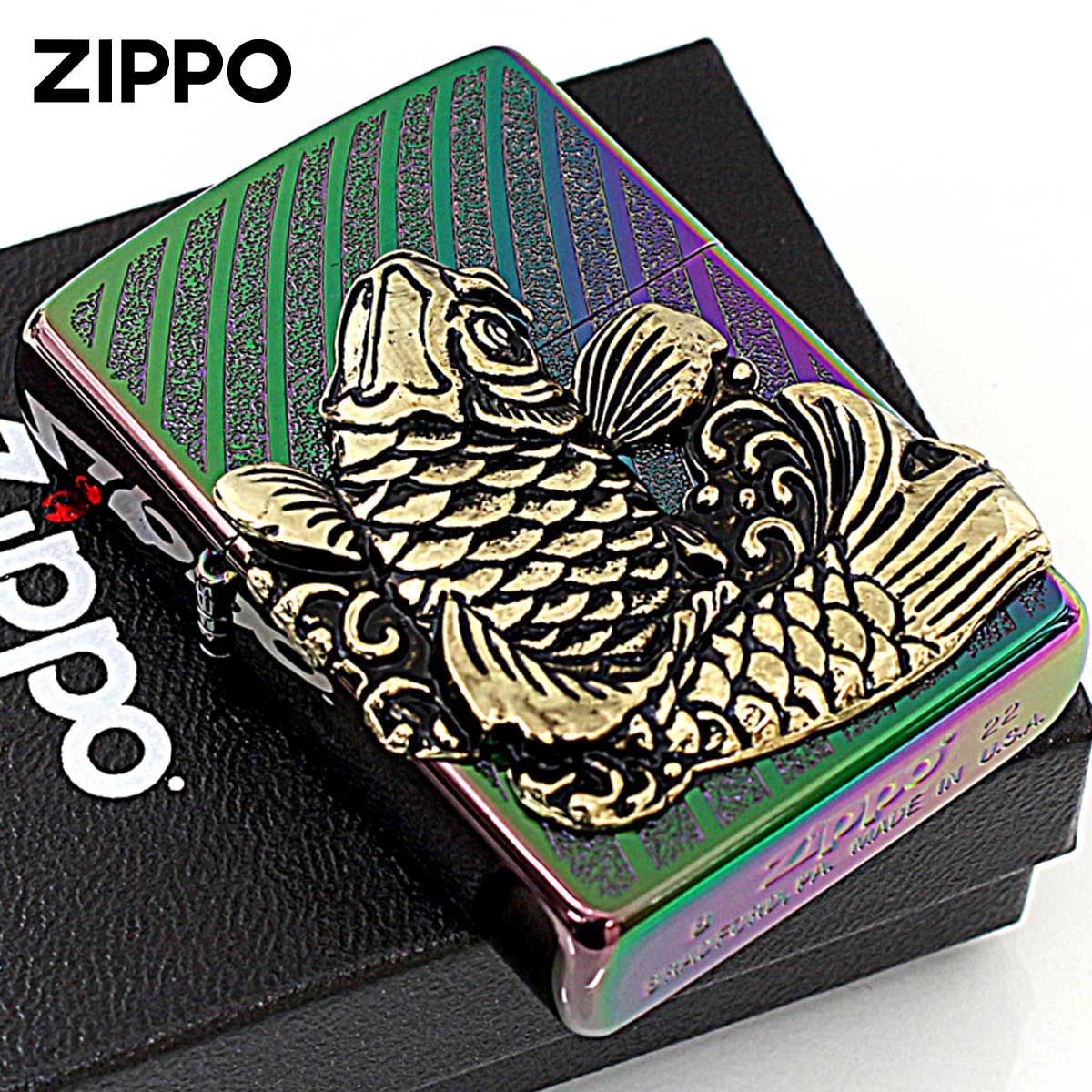 Zippo ジッポー 鯉 龍 ドラゴン 登竜門 レインボー ブラスメタル貼り チタンコーティング TC-R Br