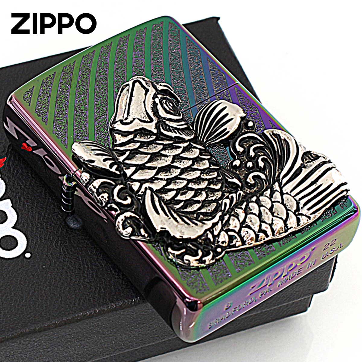 Zippo ジッポー 鯉 龍 ドラゴン 登竜門 レインボー ニッケルメタル貼り チタンコーティング TC-R Ni