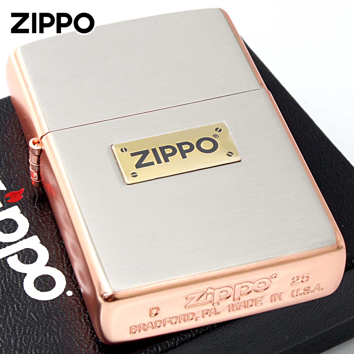 Zippo ジッポー ZIPPO LOGO METAL コンビメッキ ジッポ ロゴ メタル シルバー ピンク M・COMBI MET NP メール便可