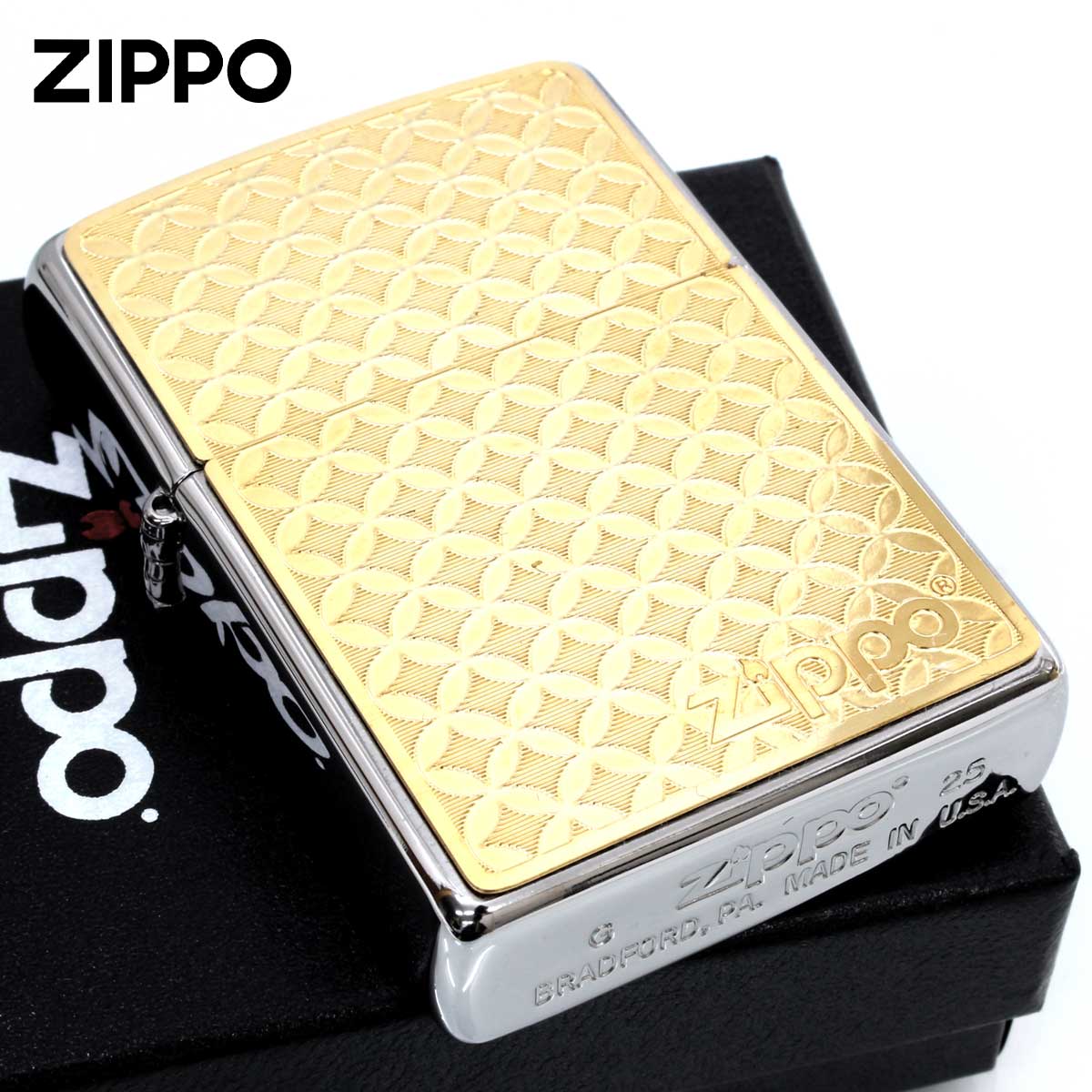 Zippo ジッポー 七宝 吉祥文様 ゴールドプレート ブラッシュドクローム 200 Metal Paint Plate Gold Plate 2MP-七宝_GP メール便可