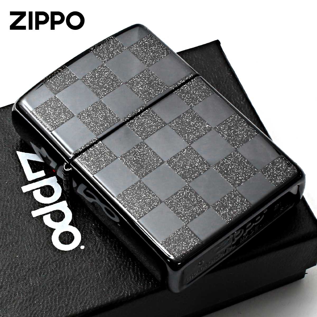 zippo☆両面☆ブラックチェックBK☆ジッポ ライター Zippo ジッポー チェック ラメ 幾何学模様 両面加工 ブラック
