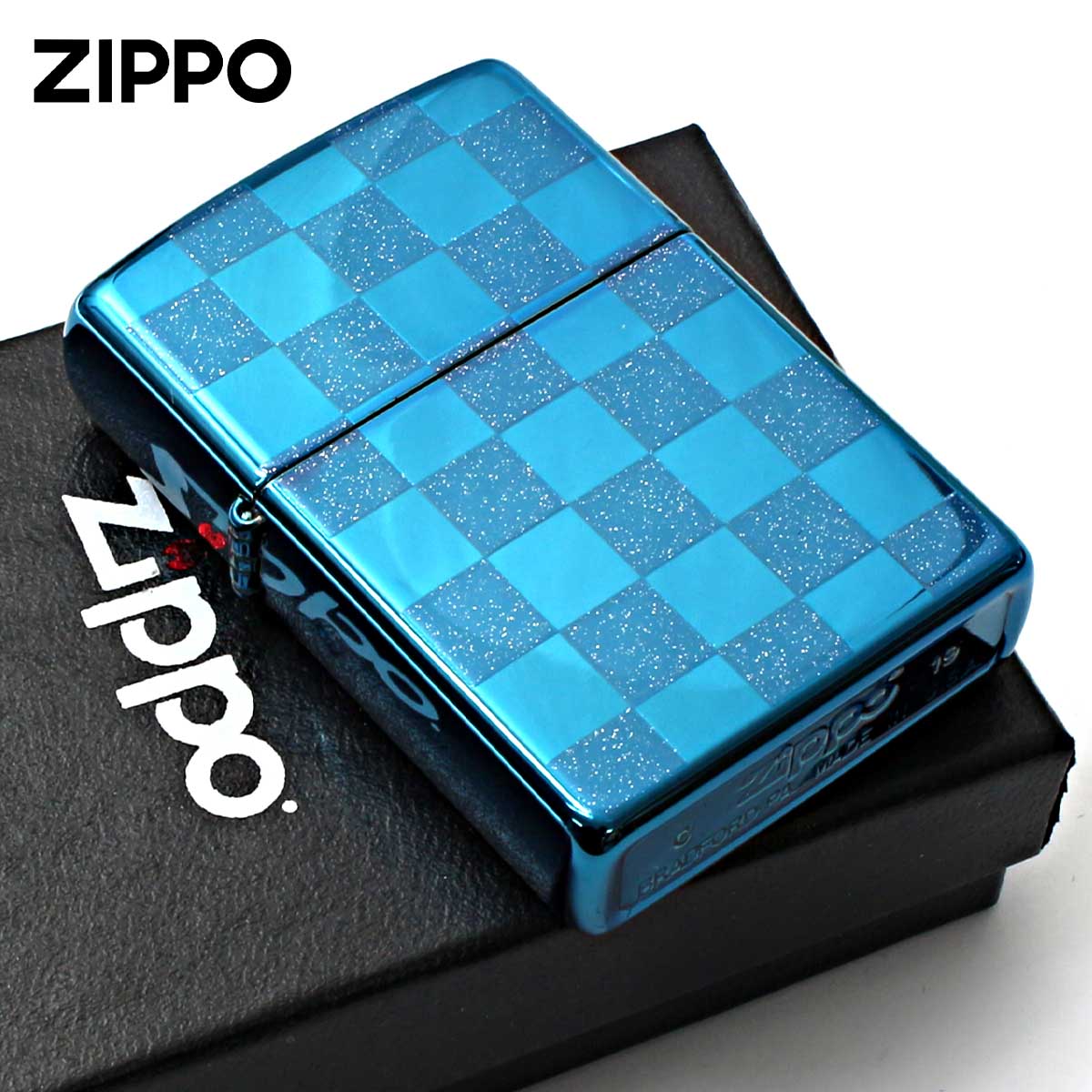 Zippo ジッポー チェック ラメ 幾何学模様 両面加工 ブルー ジオメトリック GEOMETRIC CHECK 25CK-BL メール便可