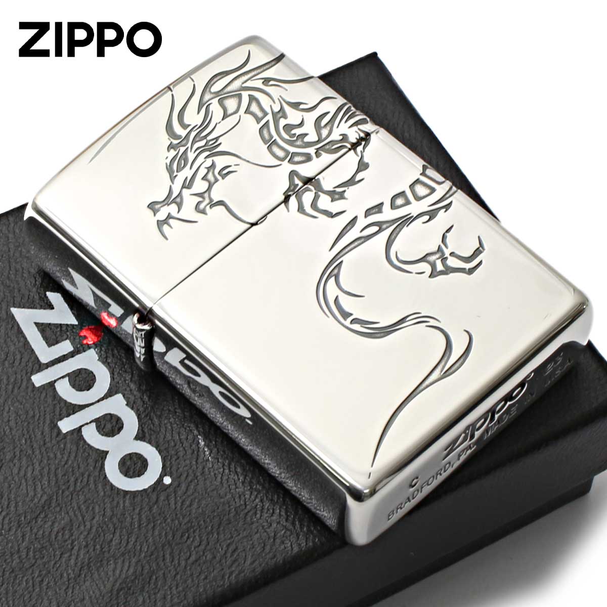 Zippo ジッポー 龍 ドラゴン 2面連続加工 銀メッキ いぶし仕上げ Tiger & Dragon 2SI-DR2