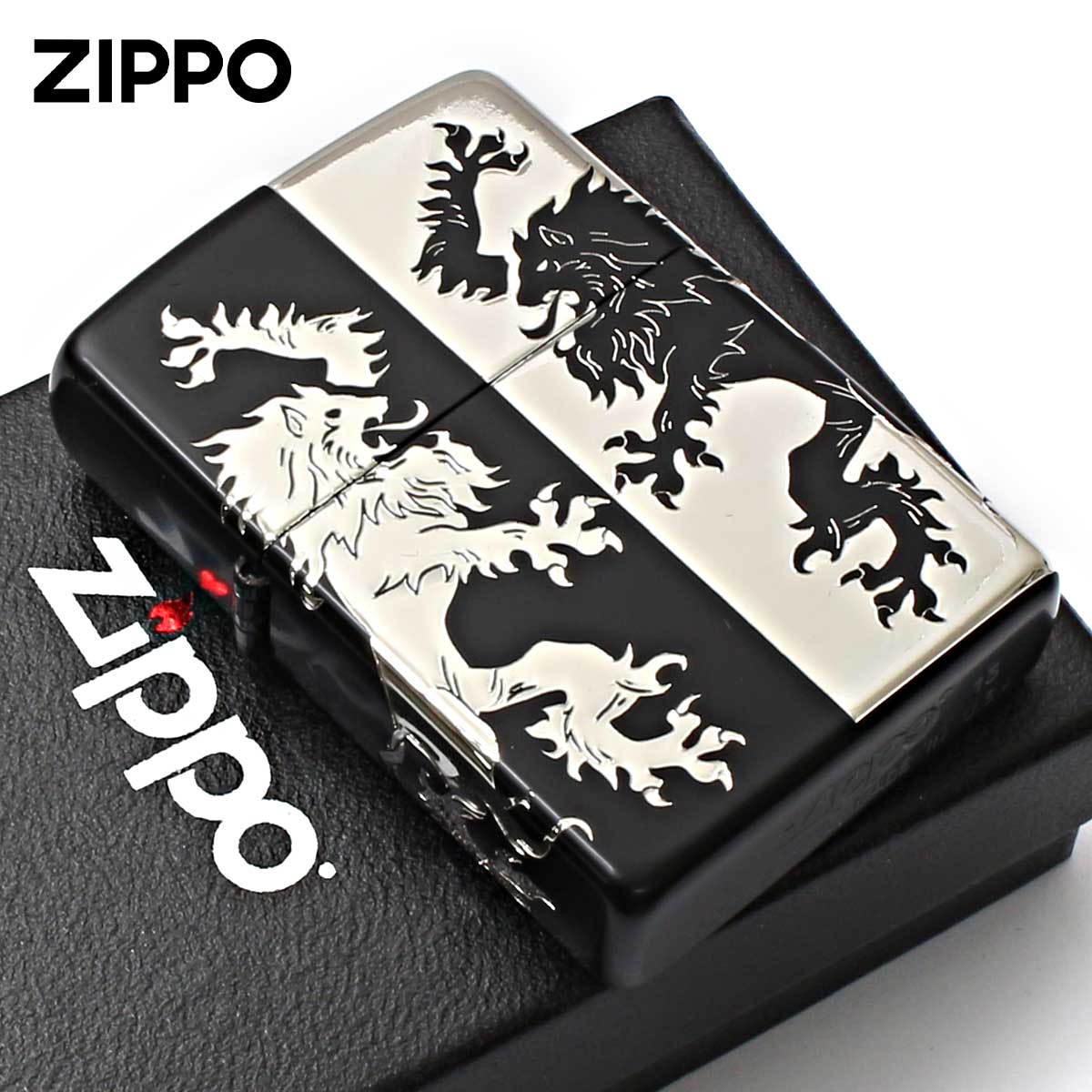 Zippo ジッポー ライオン ハーフ 4面連続加工 ブラック シルバー Monotone LION 2BKS-LIHF メール便可