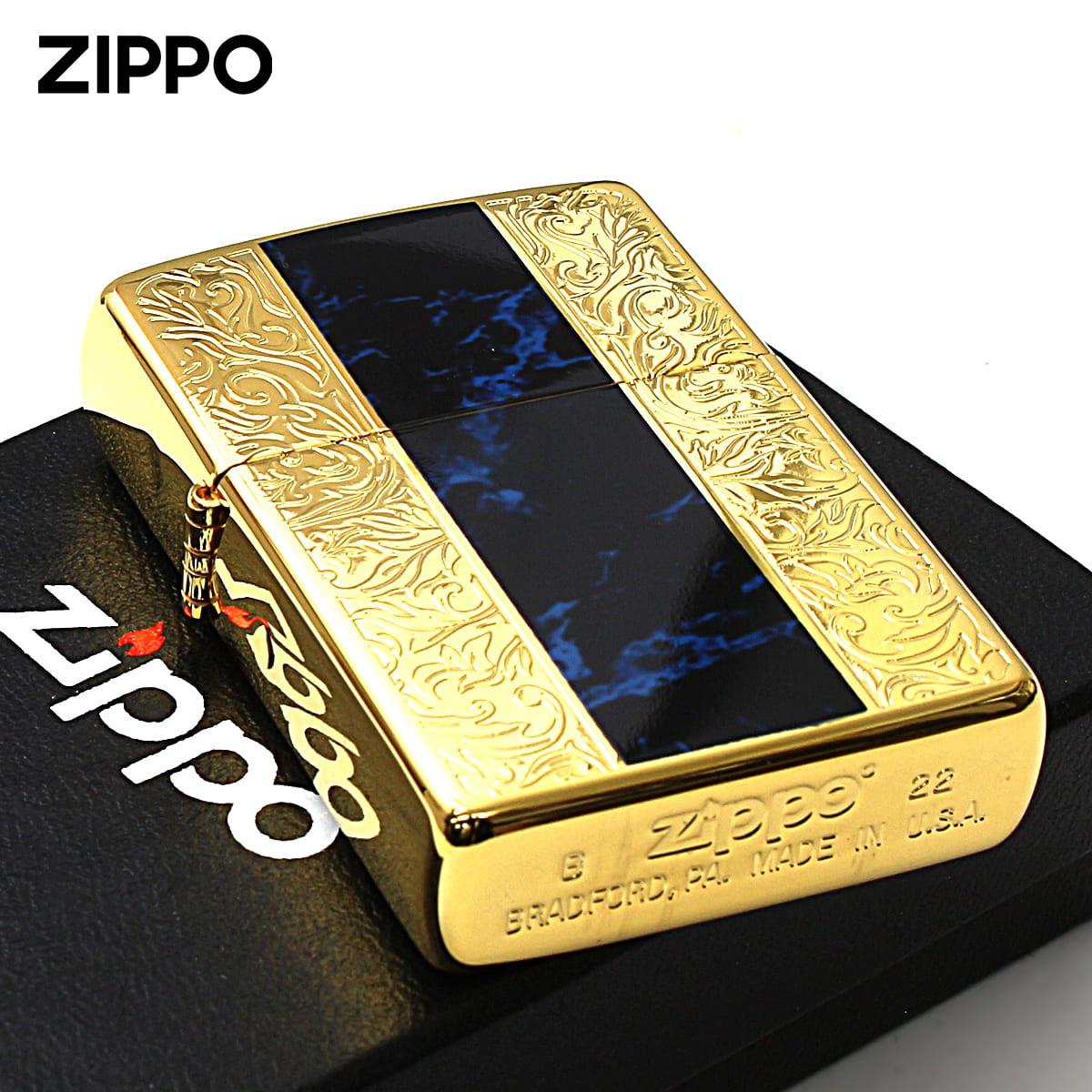 Zippo ジッポー ブルー マーブル 大理石調 両面加工 金メッキ