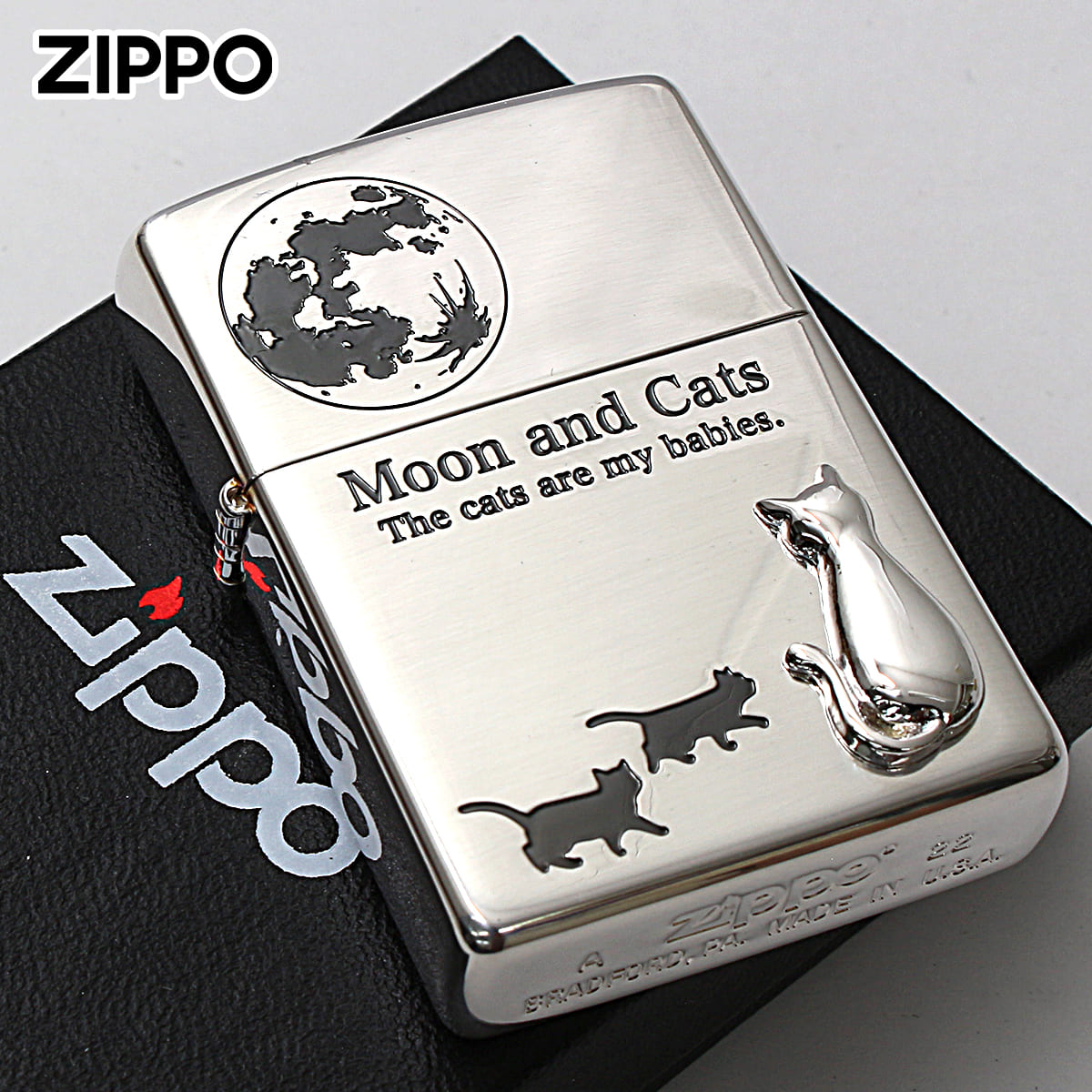 Zippo ジッポー ネコ 猫 Cat 月 ムーン 月と猫 メタル 銀メッキ Moon and Cats 2SIM-MOONCAT メール便可