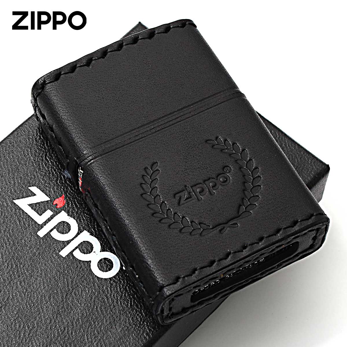 Zippo ジッポー 革巻き 牛革 レザー ジッポ ロゴ 月桂樹 ブラック ハンドメイド 手縫い REAL LEATHER ZIPPO LOGO B-7