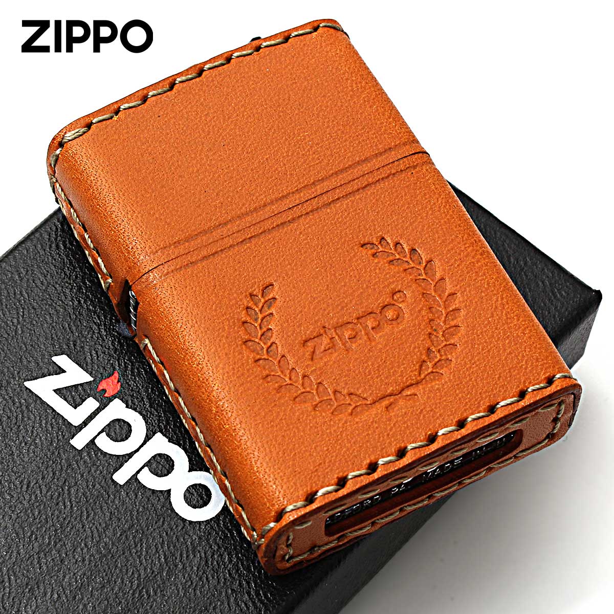 Zippo ジッポー 革巻き 牛革 レザー ジッポ ロゴ 月桂樹