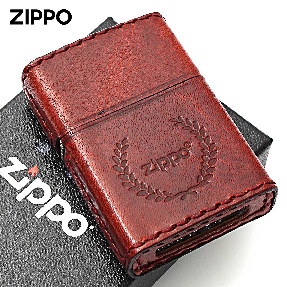 Zippo ジッポー 革巻き 牛革 レザー ジッポ ロゴ 月桂樹 レッド ハンドメイド 手縫い REAL LEATHER ZIPPO LOGO RD-7