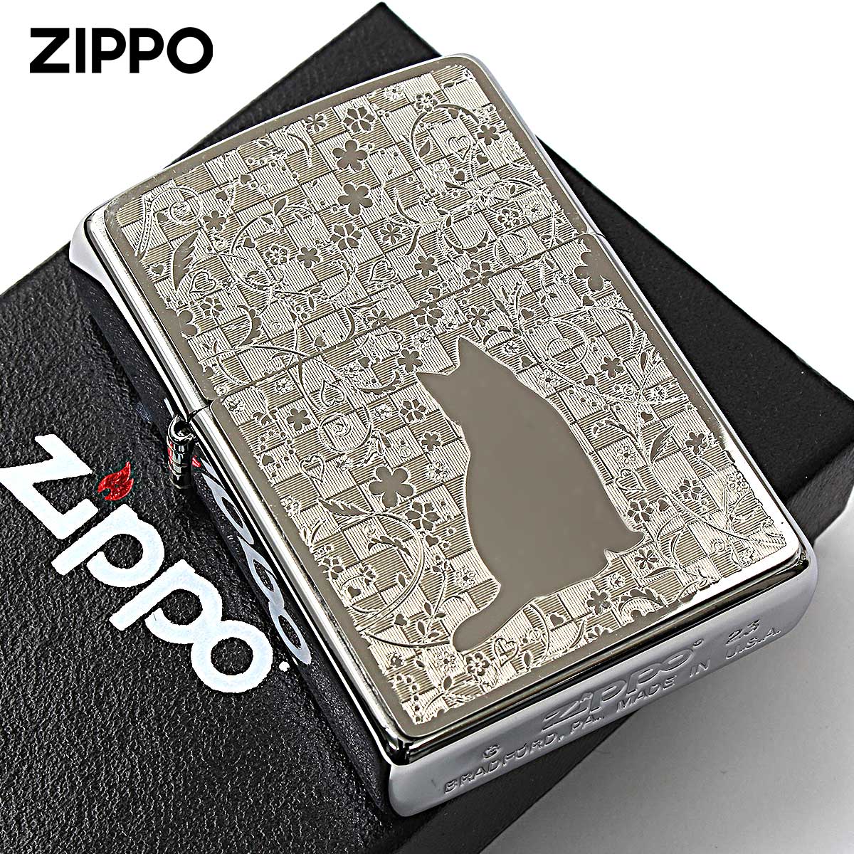Zippo ジッポー ネコ 猫 Cat 花 #200 メタルプレート ニッケルメッキ 2MP-花 メール便可
