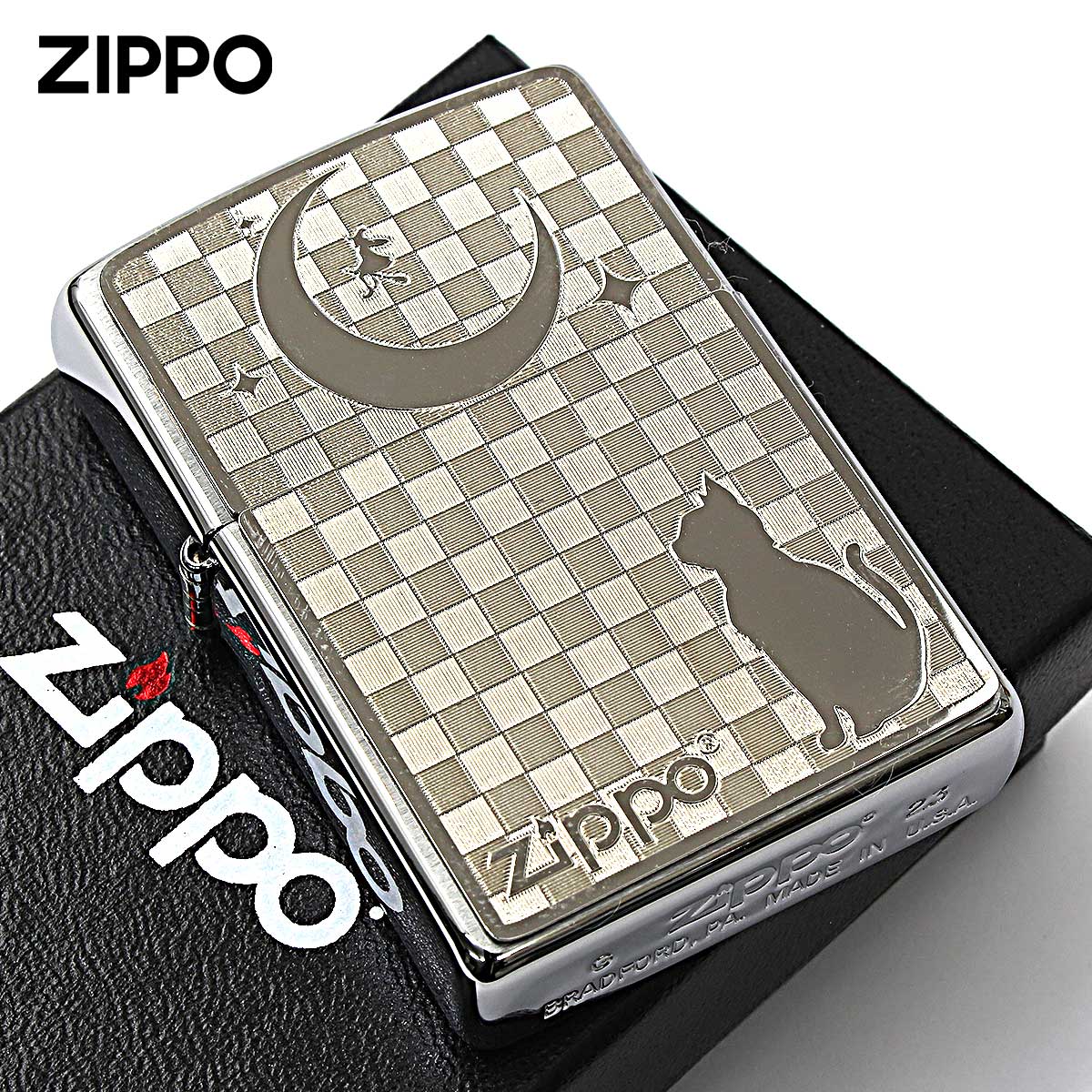 Zippo ジッポー ネコ 猫 Cat 月 ＃200 メタルプレート ニッケルメッキ 2MP-月 メール便可