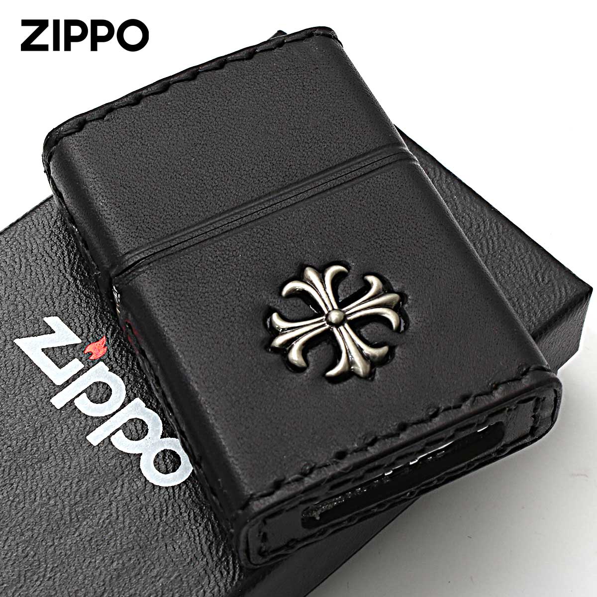 Zippo ジッポー 牛革巻き クロス 十字架 Cross ブラック クロス 手縫い 2CM-3BK