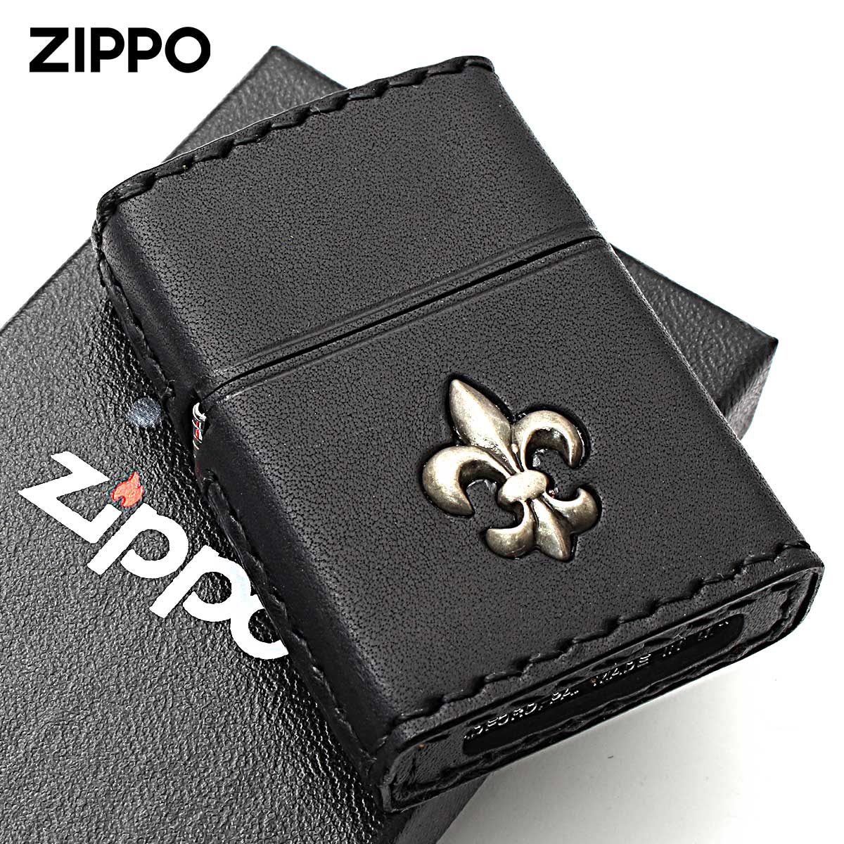 Zippo ジッポー 牛革巻き ユリ Yuri 王家の紋章 ブラック ユリ 手縫い 2YM-3BK