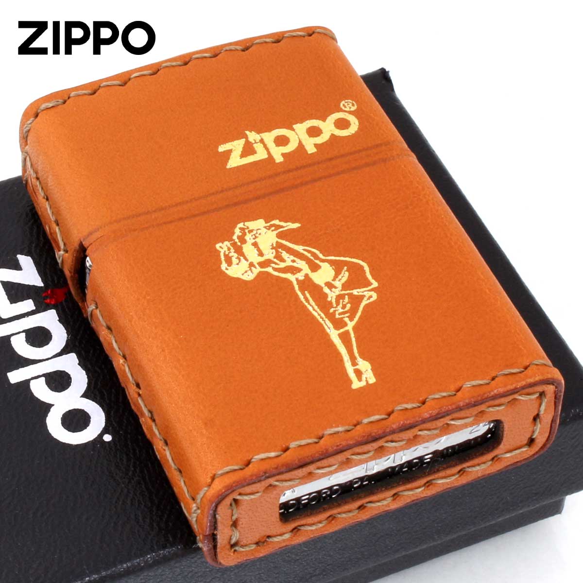 Zippo ジッポー 革巻き ウインディ 金箔押し キャメル LB-WG｜Zippo