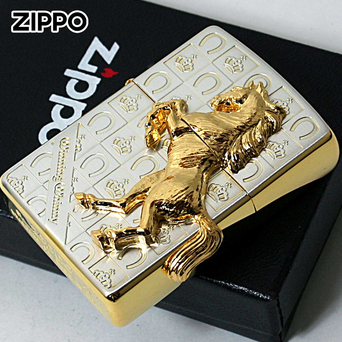 Zippo ジッポー 馬 ホース 2面連続メタル ウイニング ウィニー グランドクラウン サテン ゴールド SG
